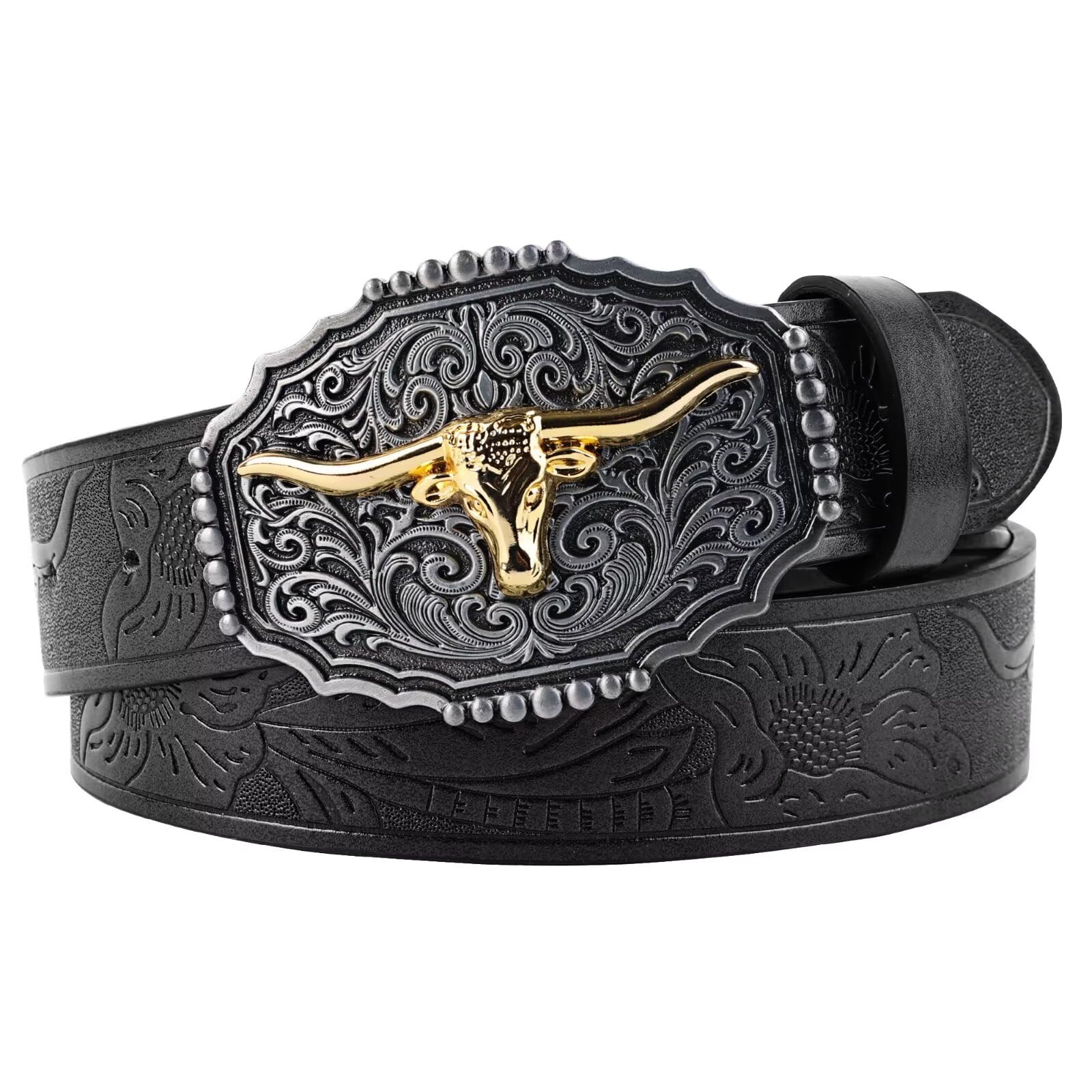 Western-Belts-Cowboy Cowgirl-Leather-Waist with Vintage Western-Carved-Buckle Eohak Vintage-Western-Cowboy-Belt for Women Men Country  main image 3