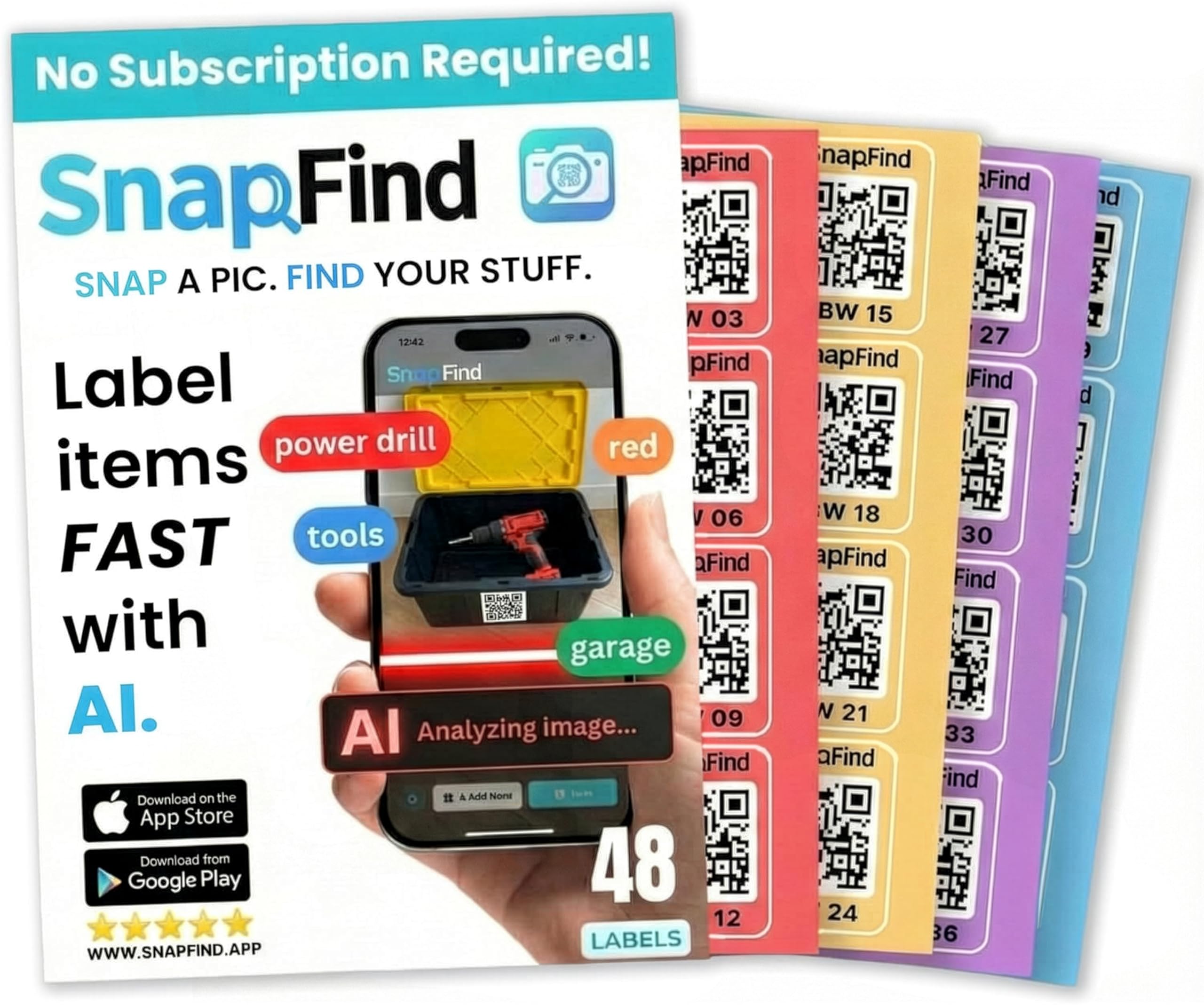 Etiquetas SnapFind con código QR, calcomanías codificadas por colores para contenedores de almacenamiento o contenedores móviles, solo aplicación iOS etiquetas automáticas para artículos con IA, 48