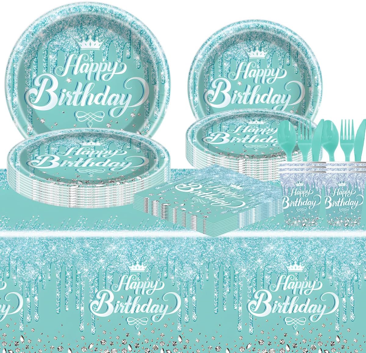 81Pcs Teal and Silver Tableware Set Sparkling Diamonds Party Decoration for Girls and Women Birthday Party Supplies (Blue)