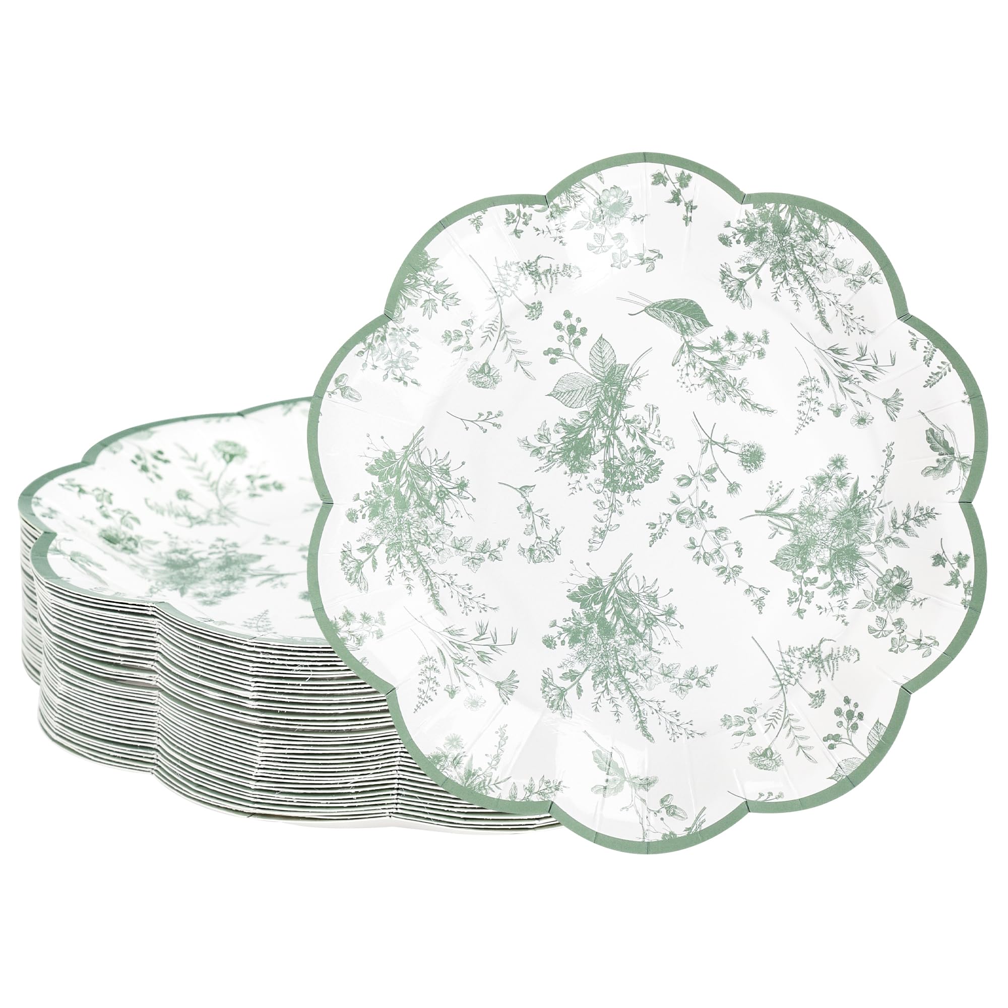 Sage Green Floral Leaf Disposable Paper Plates - Wildflower Green Toile 7" Scalloped Rim Dessert Plates for Christmas, Birthday, Bridal & Tea Parties (48)