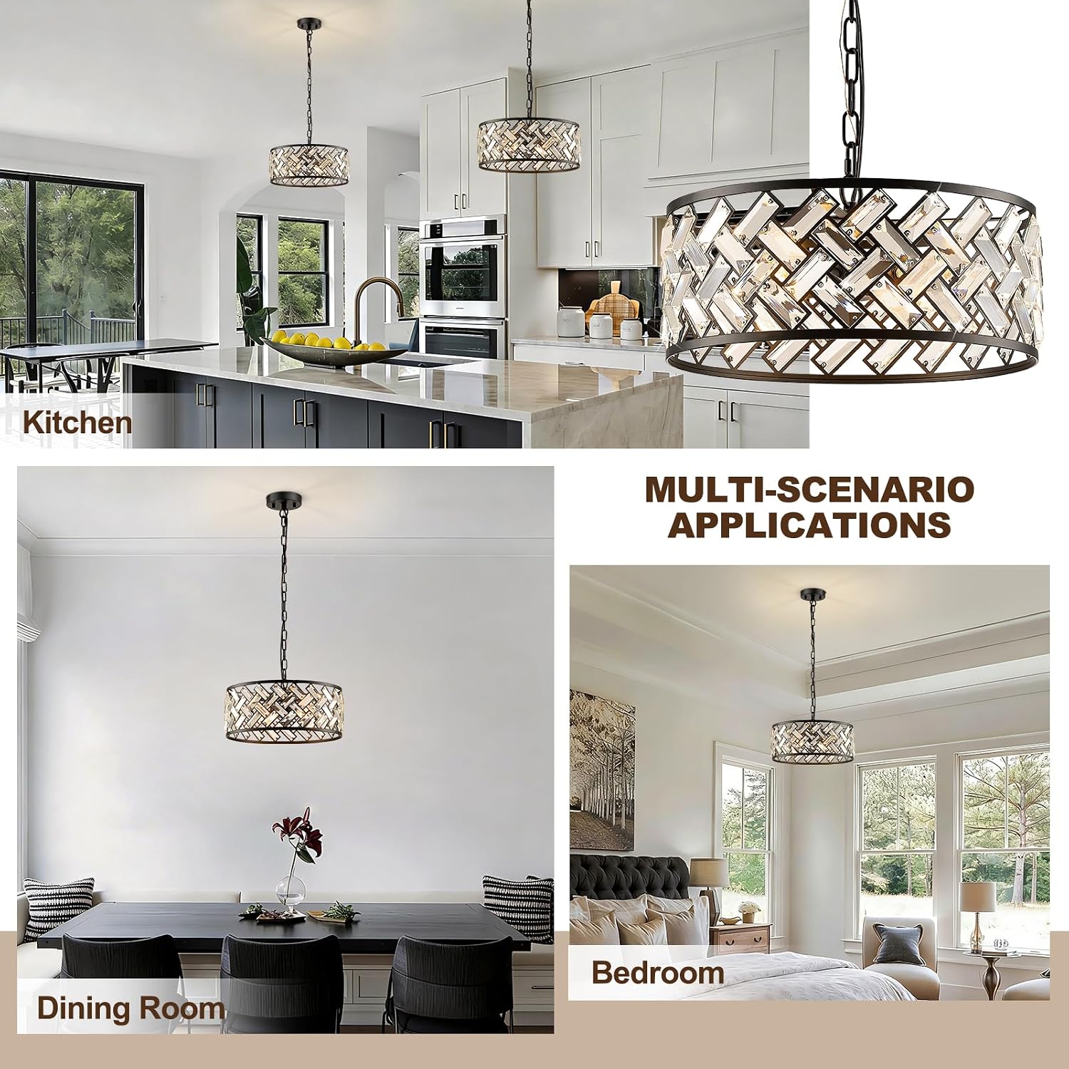 Black Crystal Chandelier, 4-Light Morden Dining Room Light Fixture,15.16" Round Semi Flush Mount Chandeliers for Kitchen Foryer Entryway Hallway Living Room Bedroom (ETL Listed)
