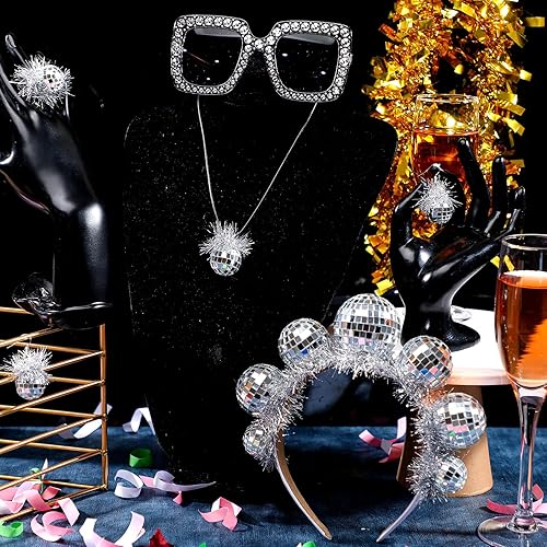 Miniatura 2 de Tudomro Juego de 5 piezas de accesorios de discoteca de los años 70 para mujer, juego de aretes de bola de discoteca, diadema, anillo y lentes de
