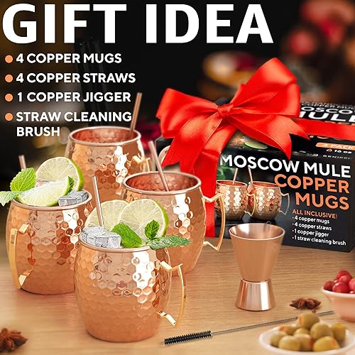 Miniatura 4 de Moscow Mule jarras de cobre - juego de 4 - 100 % ARTESANAL – Jarras de cobre macizo aptas para alimentos - Juego de regalo de 16 onzas con REGALO: