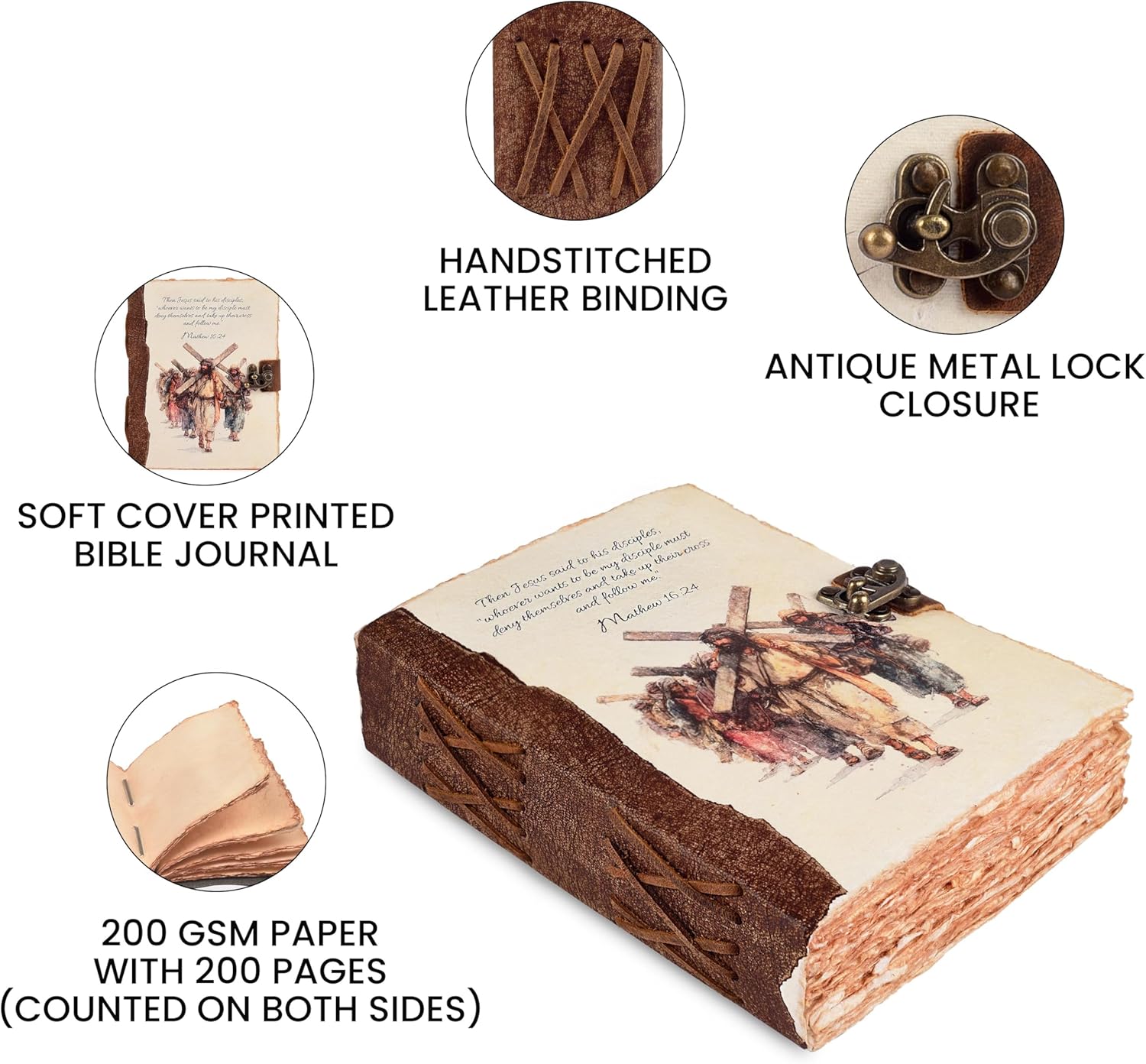 LEATHER VILLAGE Vintage Leather Journal with Mathew 16:24 Bible Verse Antique Christian Prayer Journal for Women & Men – 200 Pages Handmade Cotton Deckle Edge Watercolor Paper - Vintage - 8X6 inches