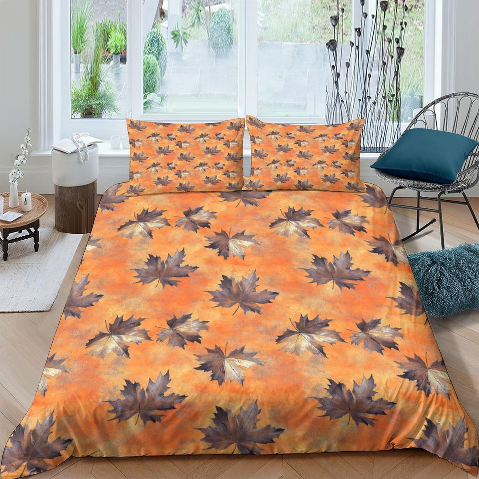 Ctjqhvkz Style-6 3D Printed Autumn Maple Leaves Fitted Sheet Microfiber Orange Brown Mattress Cover Bedroom Guest Room Decor Single（135X200cm）