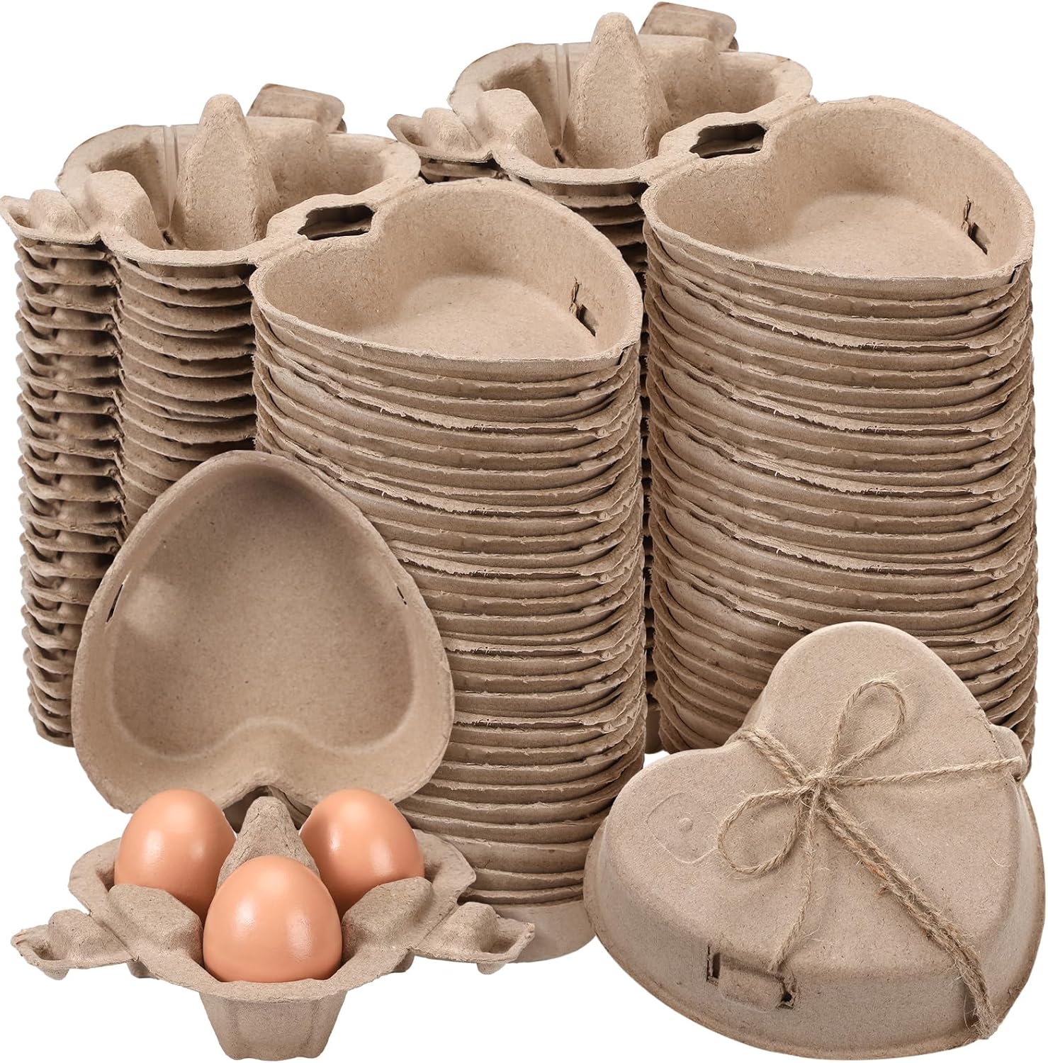 Easter 3 Egg Cartons 3 Count Crate Heart Shaped Paper Pulp Egg Container with Jute Rope Reusable Baskets Holder for Backyard Storage Valentine Chicken Lover Gifts(30 Pcs)