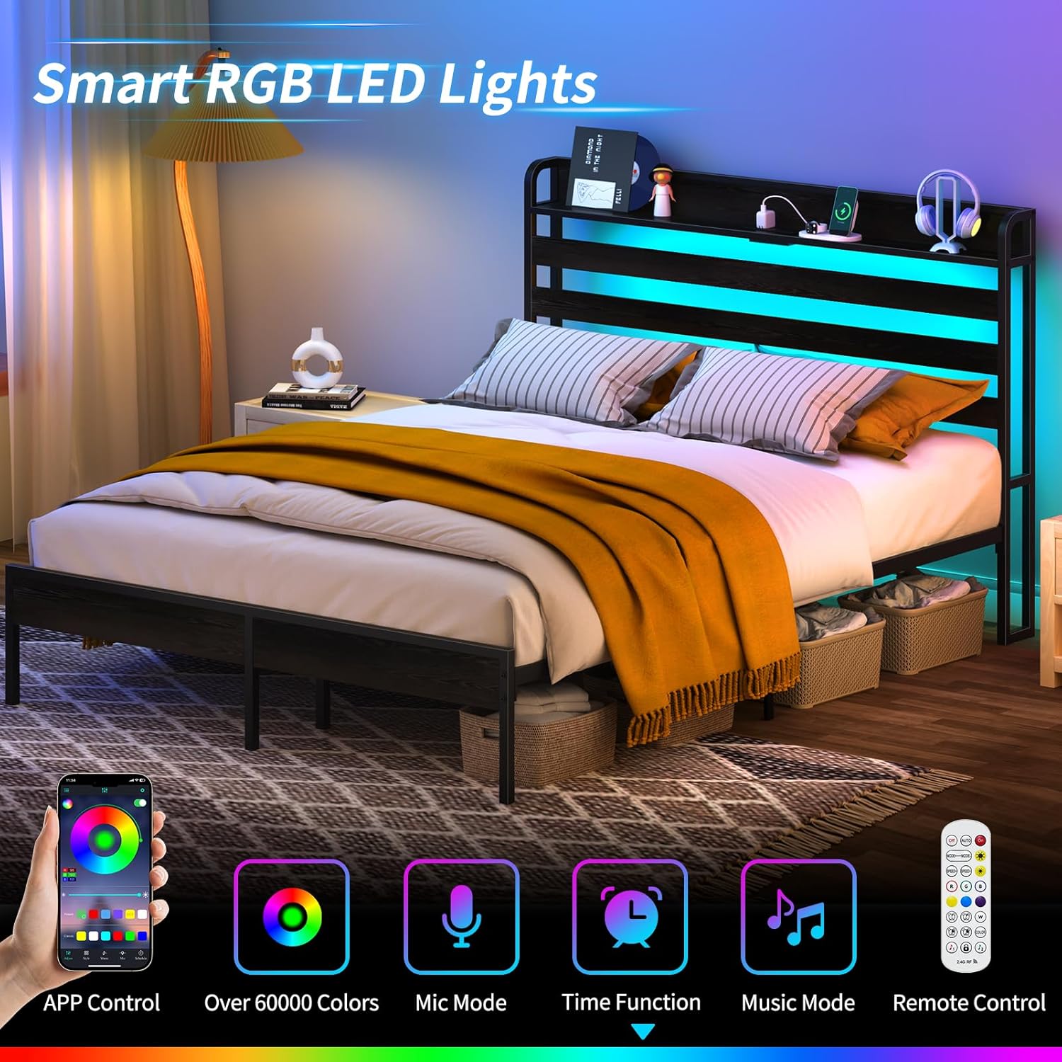 Yoobure Queen Bed Frame with Headboard, LED Bed Frame Queen Size Beds with Charging Station, Platform Bed Frames Wood Bedframe Queen-Size with Footboard, No Noise, No Box Spring Needed, Easy Assembly