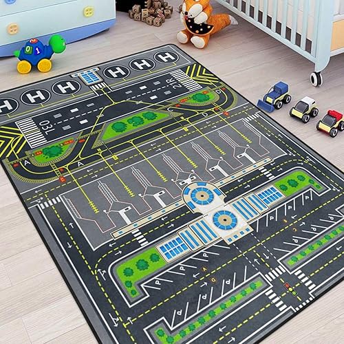 Alfombra para niños, alfombra de juego con sistema de tráfico de aviones, alfombra de 5 x 7 pies con respaldo de goma, tapete de juego de aeropuerto