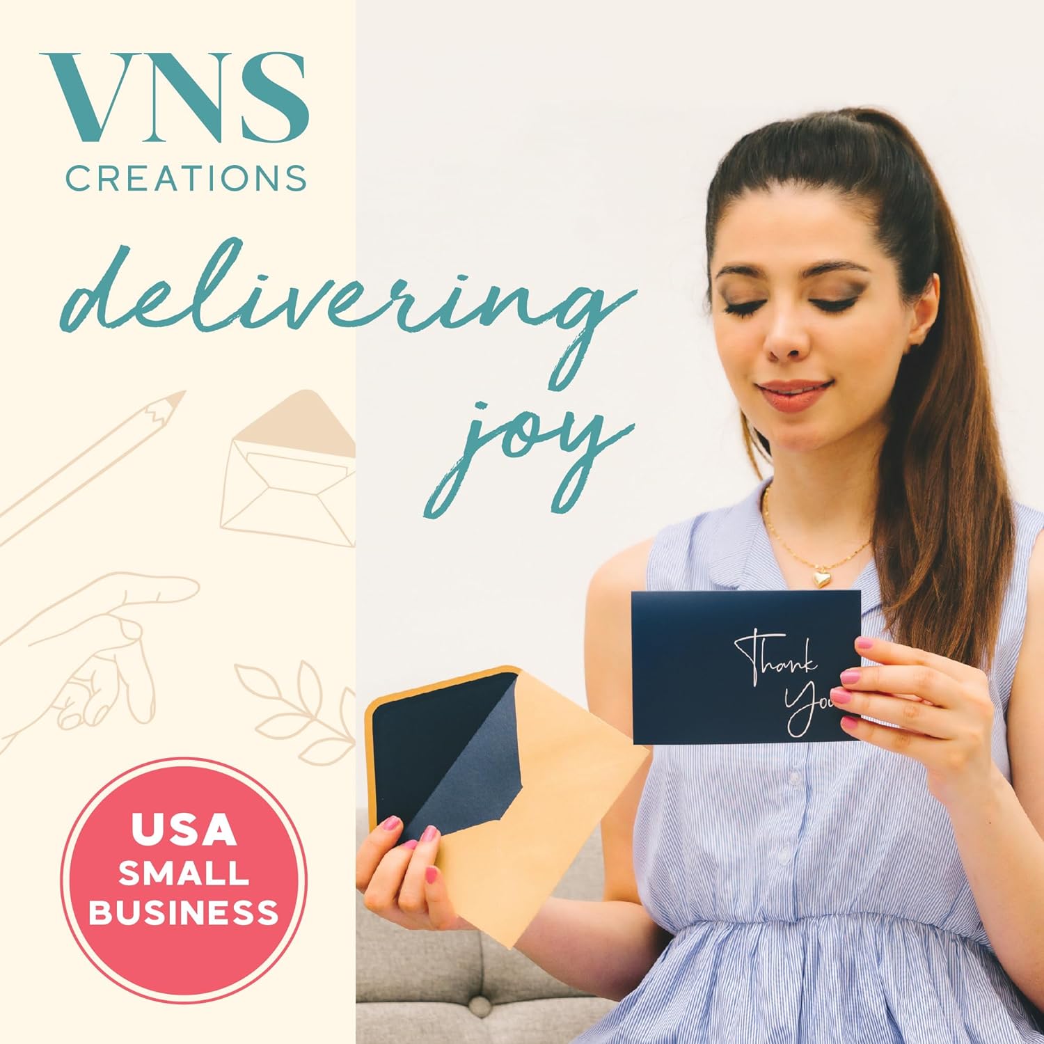 VNS Creations Thank You Cards With Envelopes Bulk Set & Stickers - 100 Pack 4x6 Blank Thank You Notes Bulk Box Set - Large Note Card Small Business, Wedding, Baby Shower & Bridal Shower - Navy Blue - Image 3