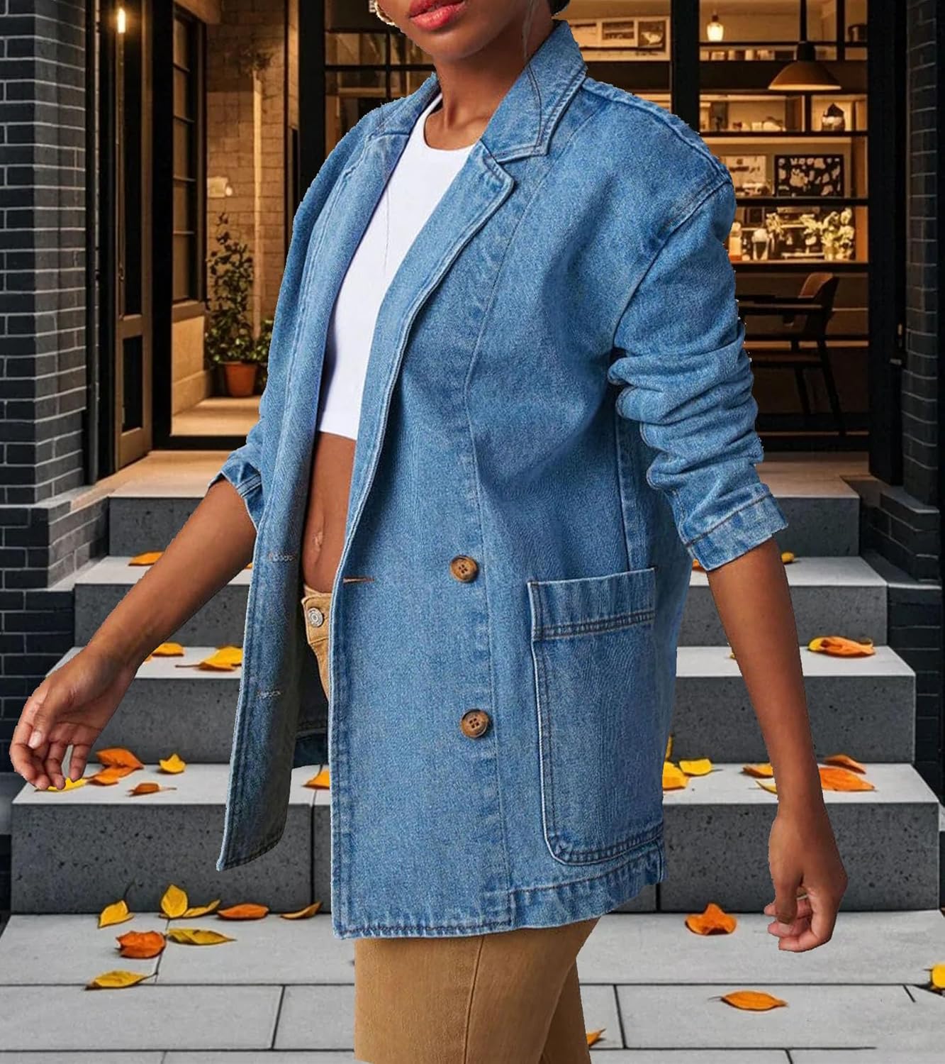 Tbahhir Women Blazer Denim Jacket Long Sleeve Casual Open Front Business Office Jean Trendy Coat with Pockets - Image 2