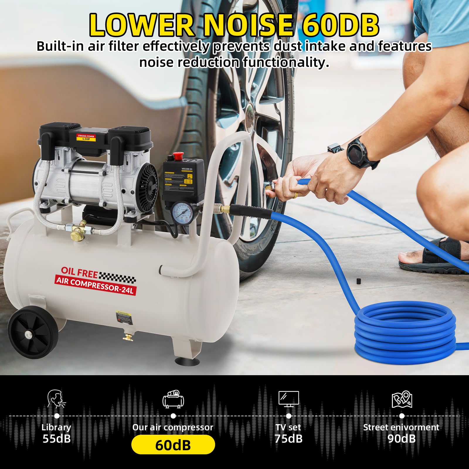 Compressore d'Aria Silenzioso,Compressore Aria Oil-Free, Serbatoio 24 Litri,1100 W/1,5 HP, Pressione Massima 8 bar,Rumorosità 60 dB con Tubo Dell'aria da 10M