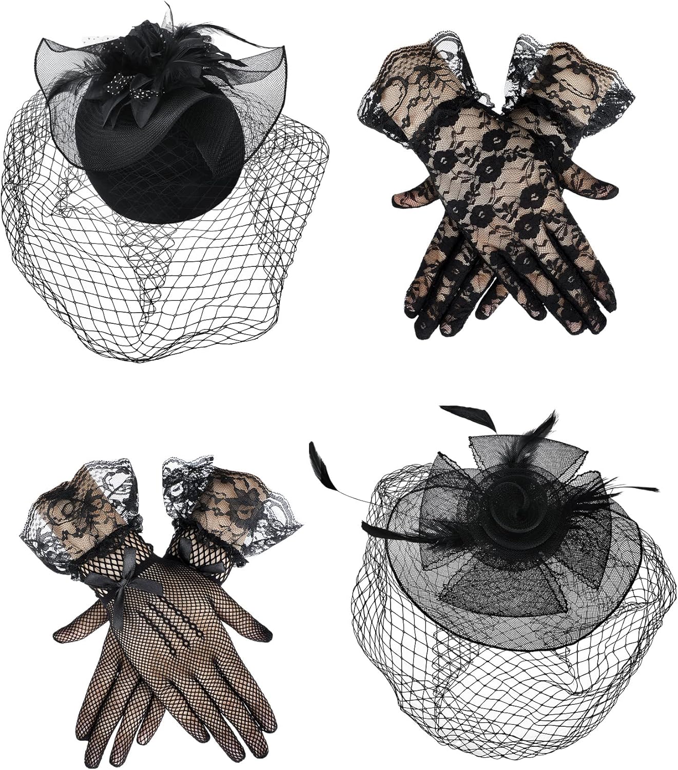 JenPen 4 Pcs Tea Party Hat for Women Black Funeral Veils Headband Fascinators Gloves 20s 50s Costume Accessories for Wedding