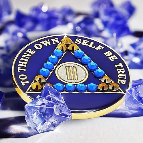 Vista 25 de Moneda de sobriedad de 5 años Ficha de aniversario de recuperación de medallón de chip AA cristalizado azul con oración de serenidad