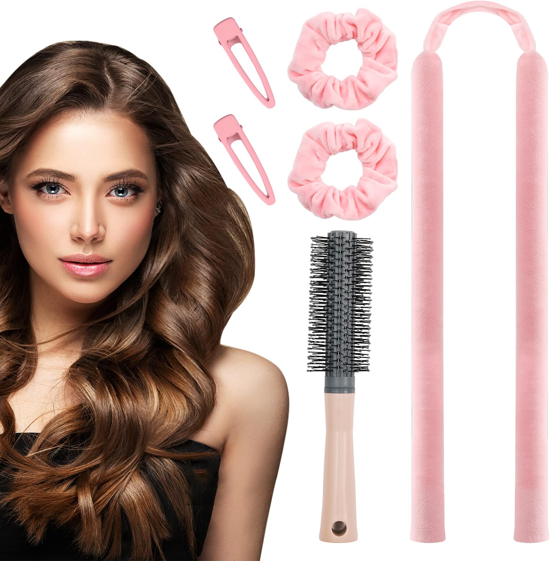 Heatless Hair Curler- Styling Overnight Curling Rod Headband Set, No Heat Hair Rollers for Long Hair to Sleep in, Hair Accessories for Women with Scrunchies (Pink)