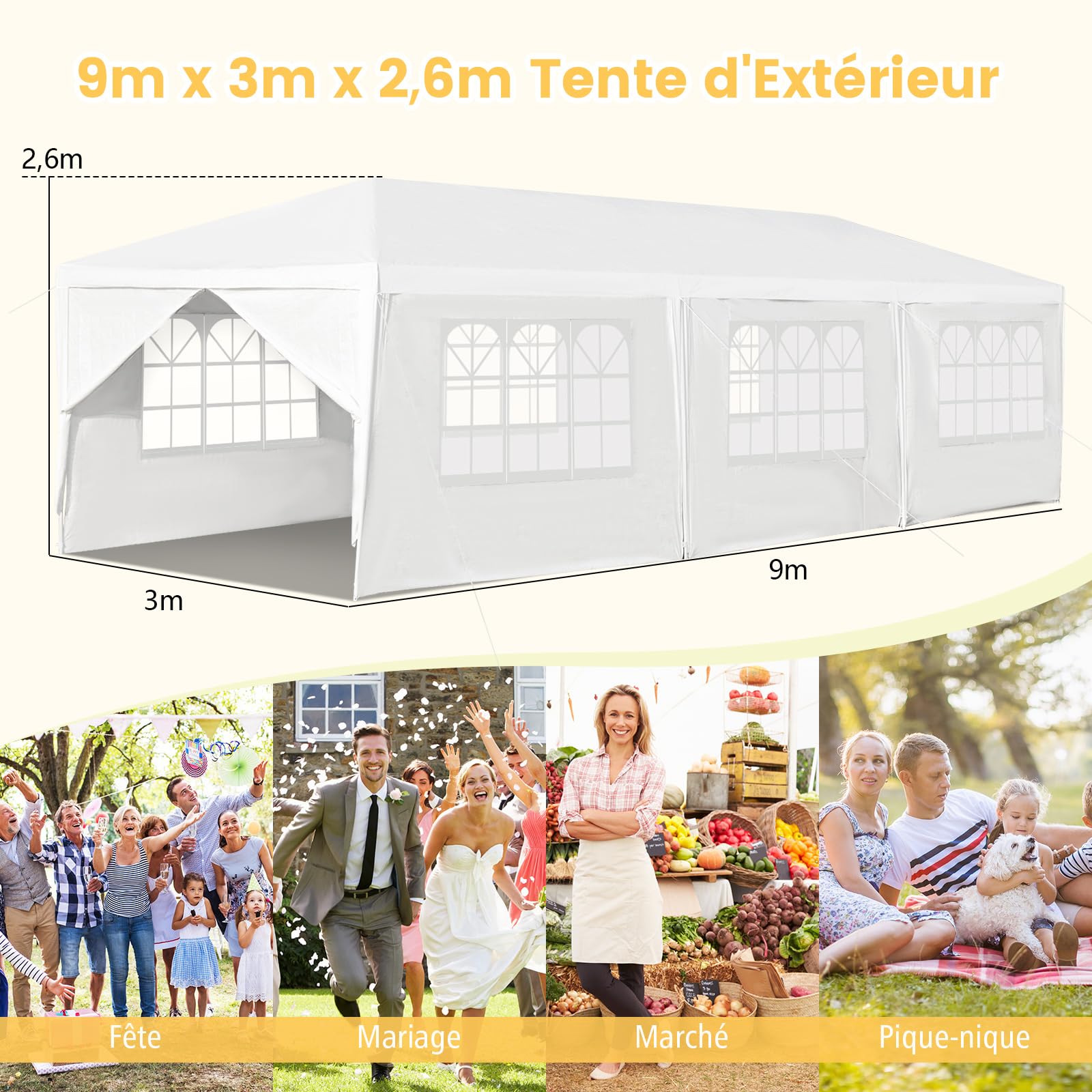 COSTWAY Tonnelle de Jardin 3x9m inclut 6 Murs Amovibles avec Fenêtre sur Côté, 2 Entrées de Porte, Abri Robuste avec Piquets de Terre