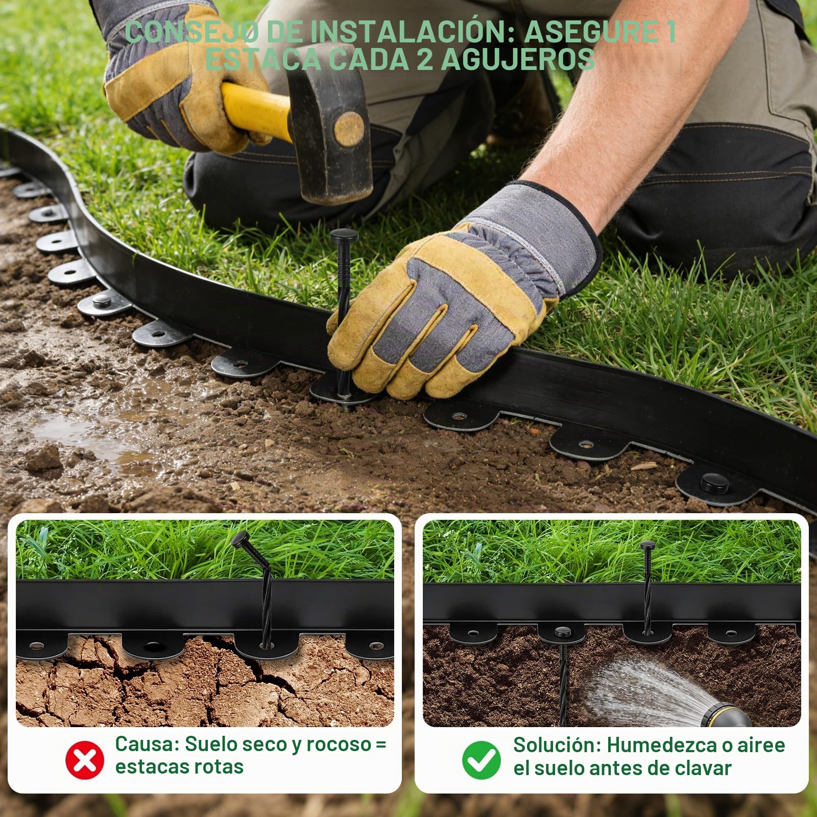 Bordura Jardín Exterior 10 m, Borde Jardín Flexible 5 cm con 60 Clavijas, Bordes de Jardín Exterior de Plástico Negro para Césped, Parterres y Caminos, Fácil de Instalar