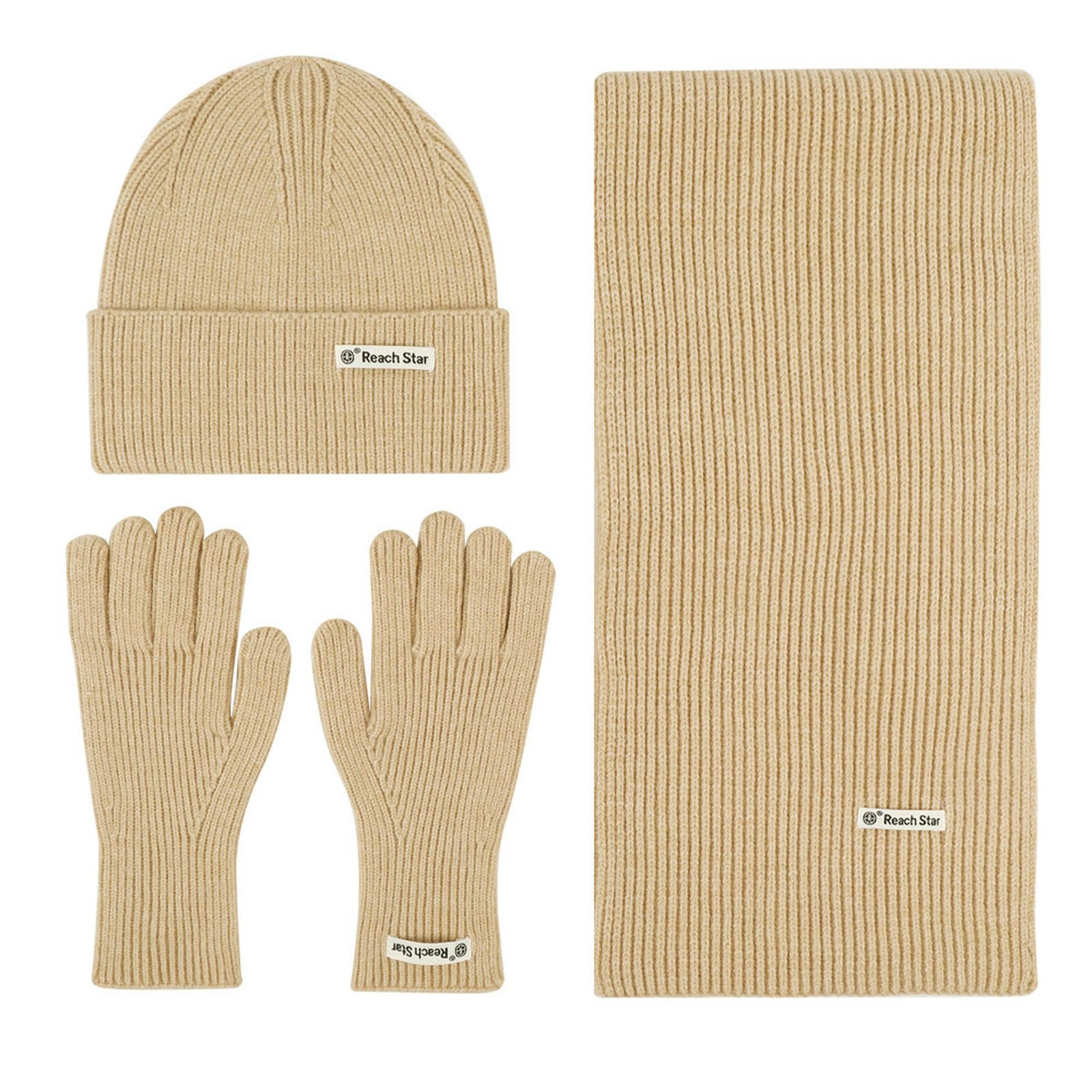 Wintermütze Schal Handschuhe Set Einfarbige Strickmütze, Winterwarme Dicke Wollmütze, Und Handschuhe-Set-Leuchtend Rot