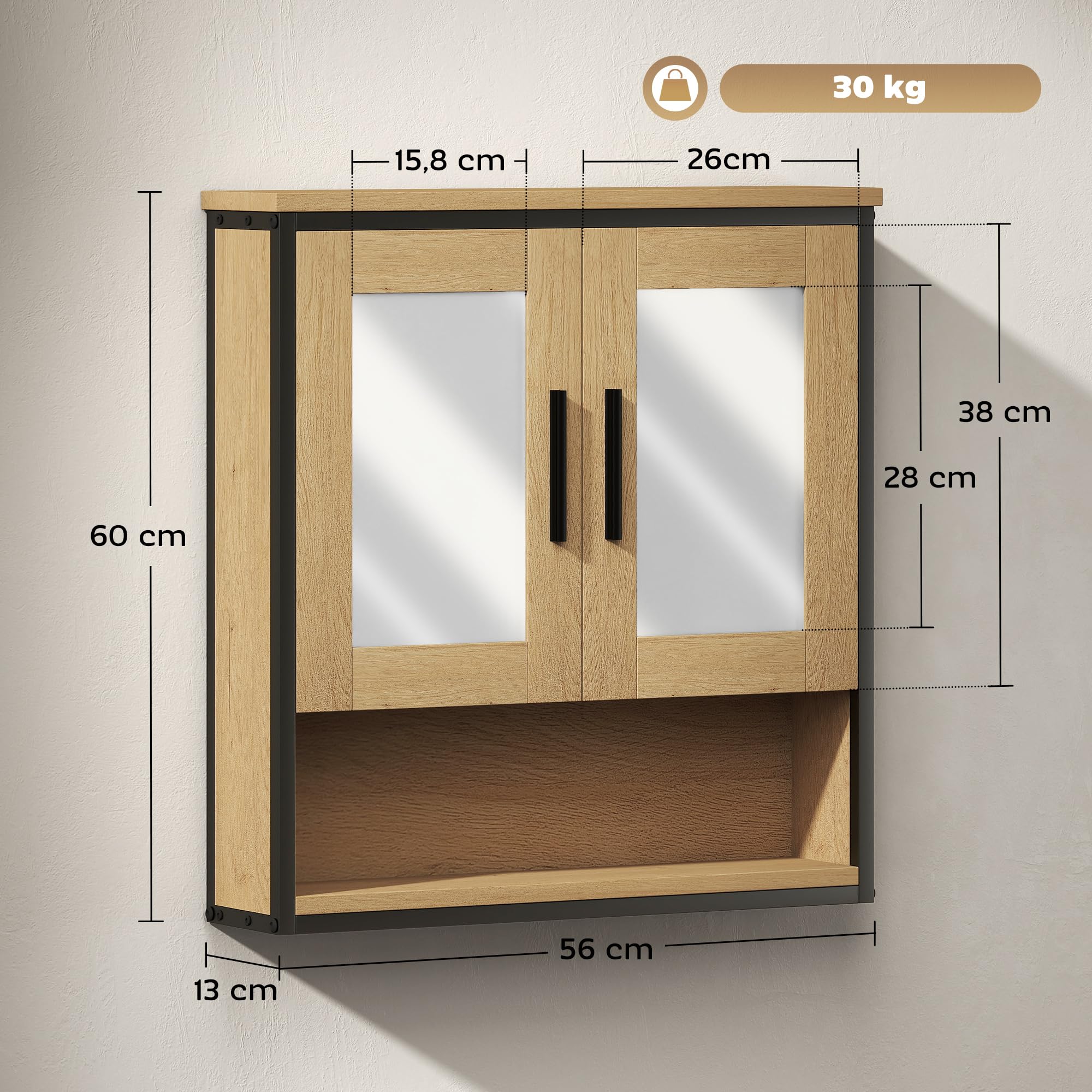 HOMCOM Armoire Murale Salle de Bain avec Miroir, Meuble Salle de Bain, Armoire de Toilette avec Compartiment Ouvert et étagère réglable, chêne