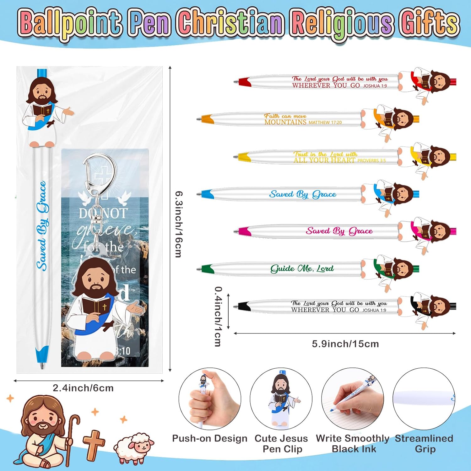 Engrowtic 180 Pcs Easter Christian Jesus Party Favors Bible Verse Ballpoint Pen Bulk Easter Basket Stuffers Keychains Bookmarks Religious Church Gift for Sunday School Prize Vbs Baptism (12 Color)
