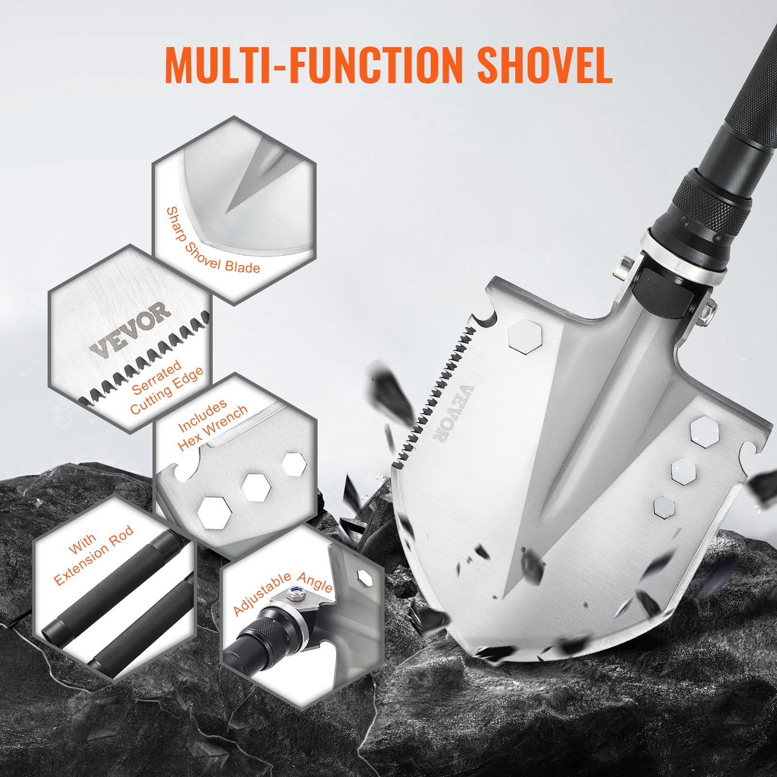 VEVOR Pelle de Survie Pliante, Pelle de Camping multifonctionnelle 13 en 1, Pelle Tactique compacte Portable de qualité Militaire, pour Tout-Terrain, Camping, randonnée, extérieur, Survie, Urgence