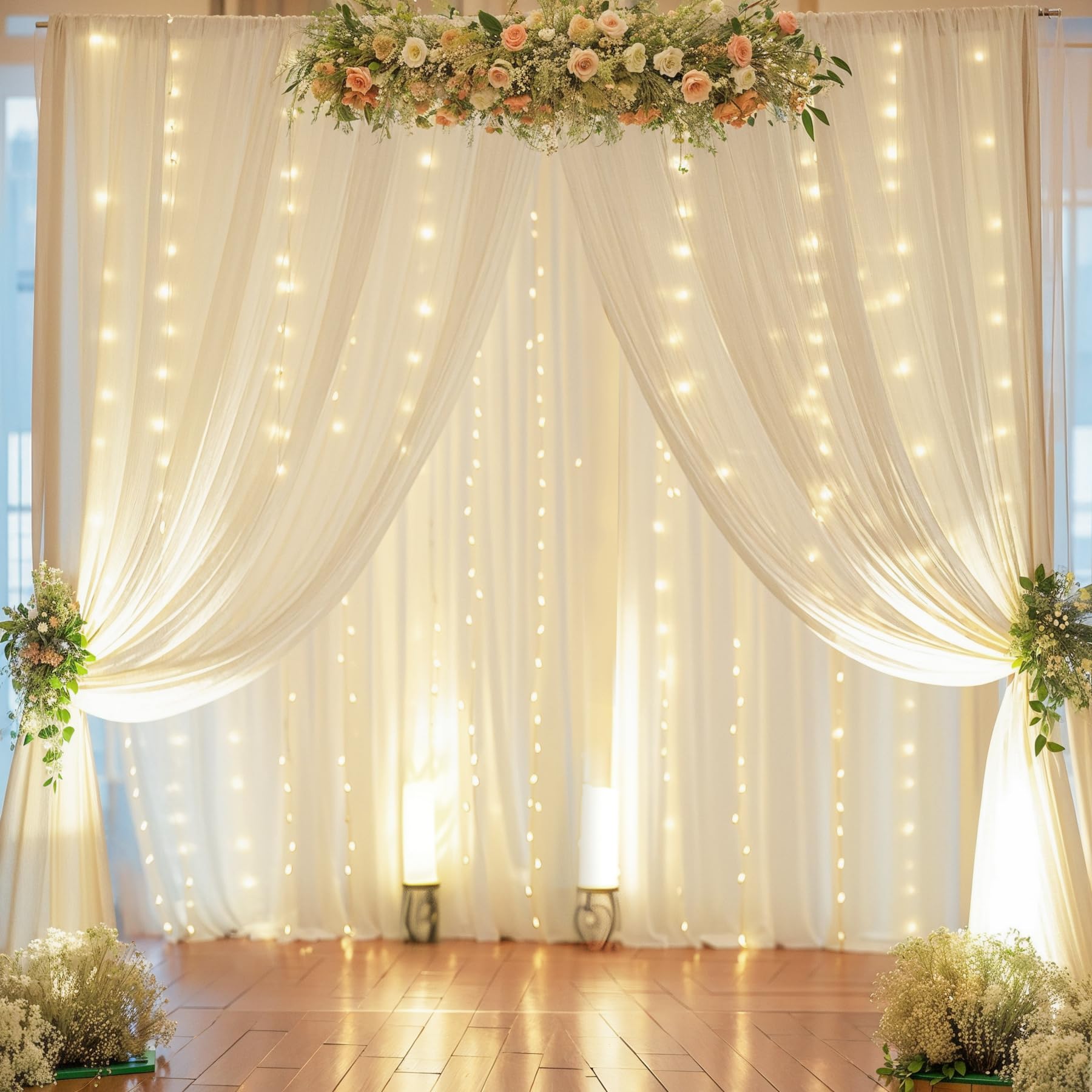 10ft x 10ft Ivory Chiffon Backdrop Curtain with Lights String for Parites Wedding Wrinkle Free Curtain Photo Backdrops Drapes for Baby Shower Birthday