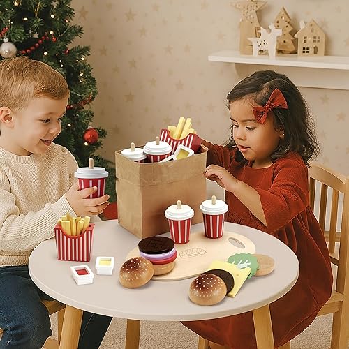 Miniatura 4 de Juguete de madera para niños, accesorios de cocina para niños pequeños, juego de madera para hamburguesas de comida rápida, juguetes educativos,