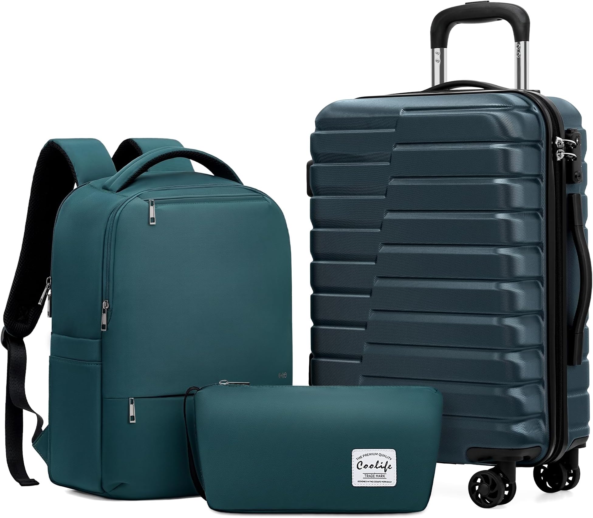 Coolife Luggage Suitcase Luggage set PC ABS TSA Lock Spinner Carry on 3 Piece Sets, Teal blue, 3 piece set (Backpack/TB/20), Hardside Luggage