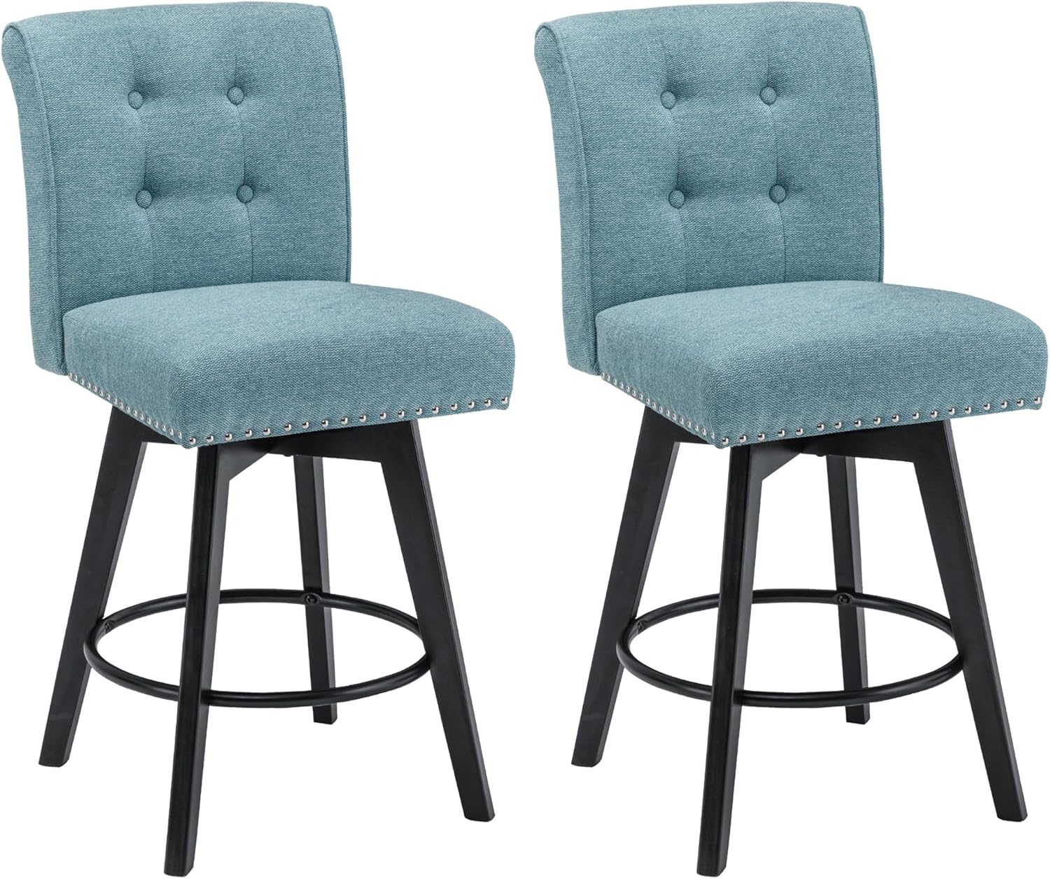 Counter Height Bar Stools Set of 2, 360° Swivel Bar Stools with Button Tufted, 26 Inch Upholstered Barstools with Solid Wood Legs for Kitchen Island, Performance Fabric in Teal