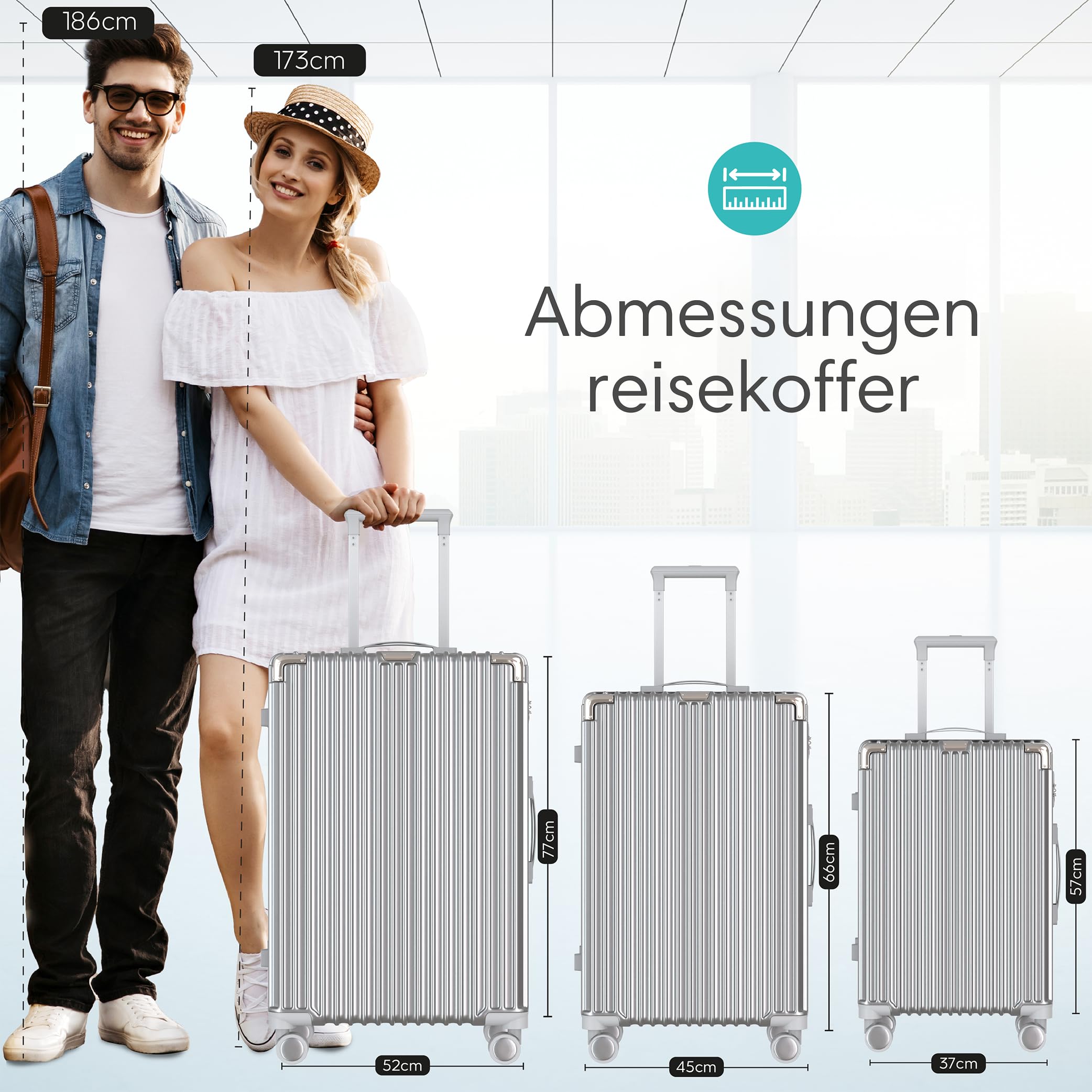 Voyagoux zestaw walizek z twardą obudową, zamek TSA, ABS, 4 x kółka 360°, wytrzymała i lekka obudowa, kolor srebrny, srebro, S/M/L
