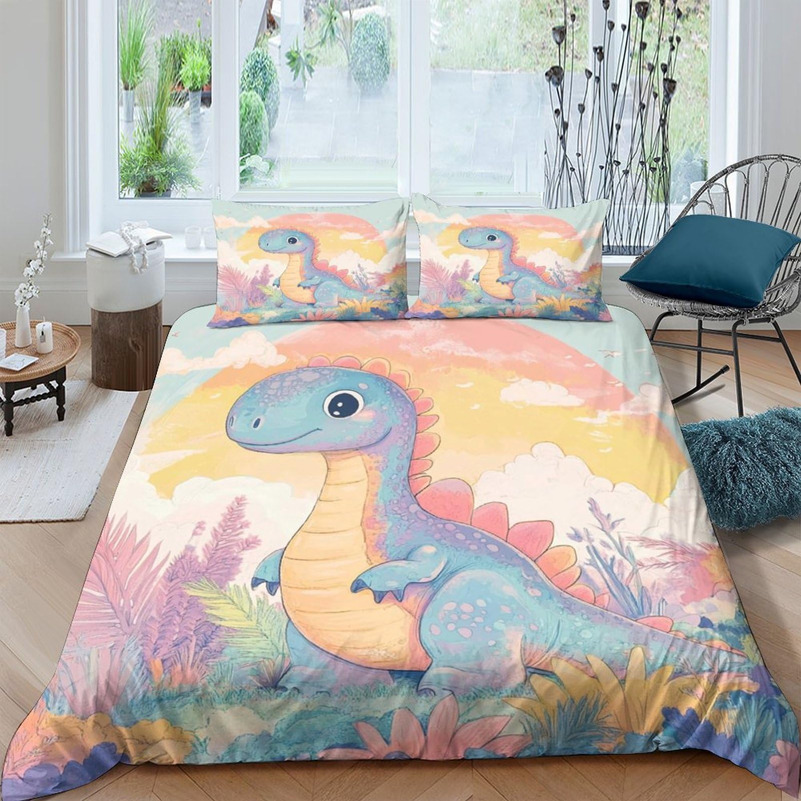 Ctjqhvkz Style-10 3D Printed Blue Cartoon Dinosaur Fitted Sheet Microfiber Soft Anti-Slip Forest Sunset Mattress Cover For Bedroom Guest Room Single（135X200cm）