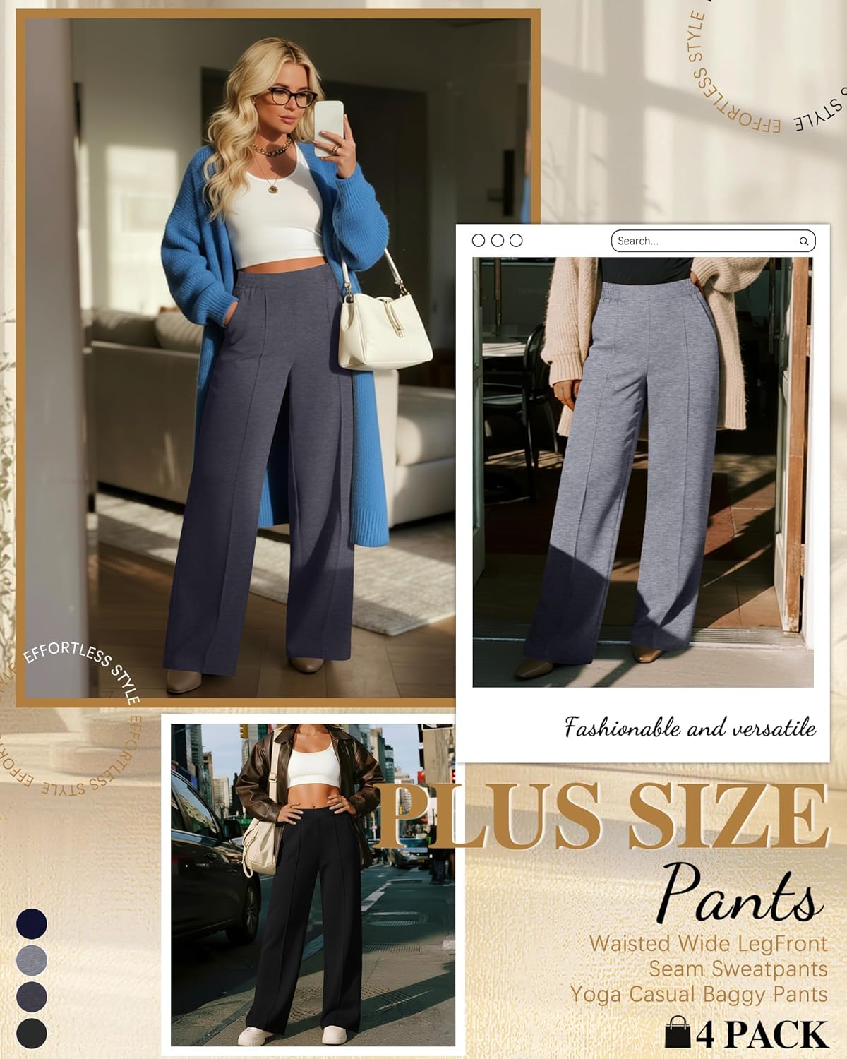 Neer 4 Pack Women's Plus Size Lounge Pants, High Waisted Wide Leg Front Seam Sweatpants Yoga Casual Baggy Pants with Pockets - Image 3