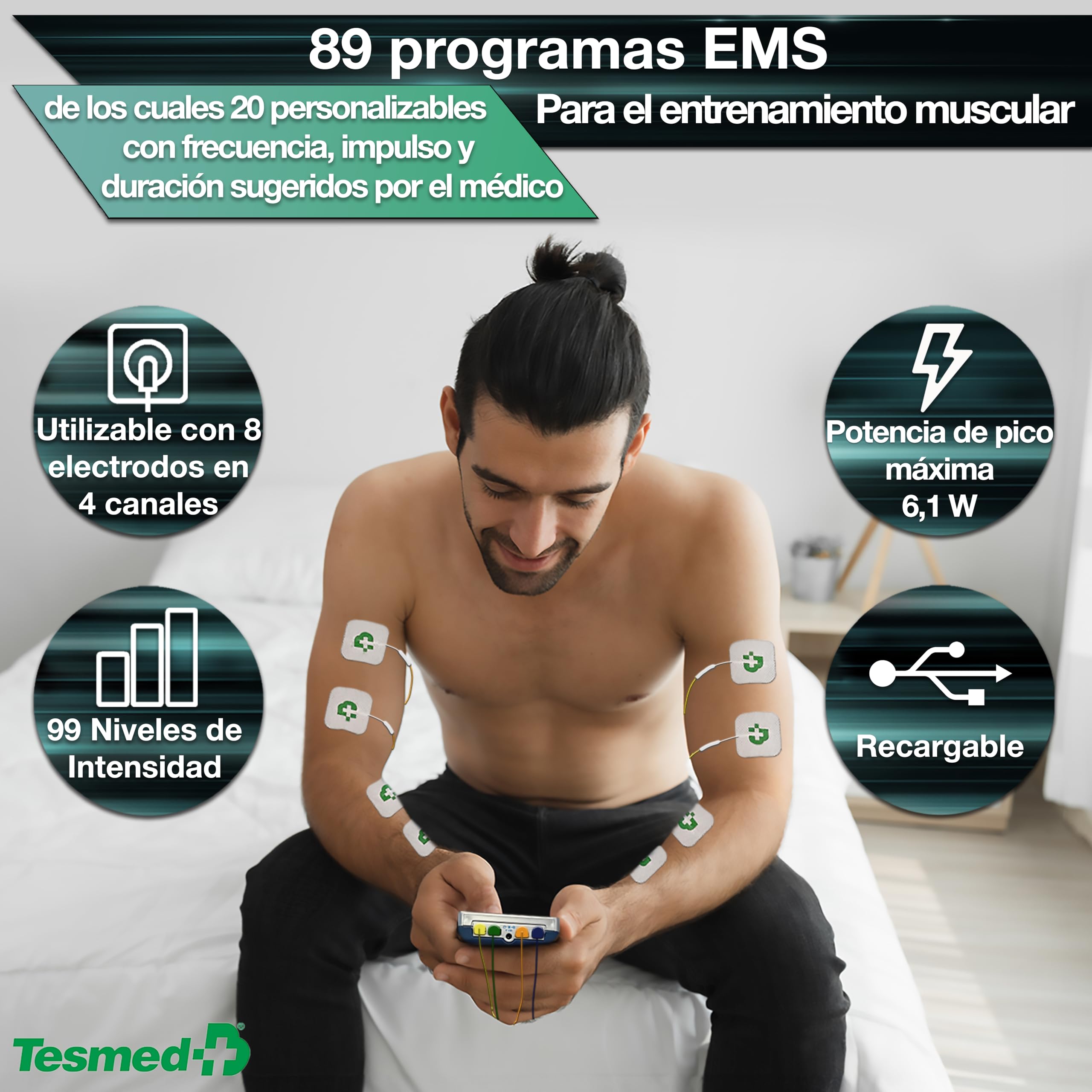 TESMED Max 830: Electroestimulador Muscular Profesional Tens / EMS / Masaje con Estimulación Secuencial, 4 Canales, 115 Programas de los cuales 20 Personalizables, Recargable, Incluye 20 Electrodos