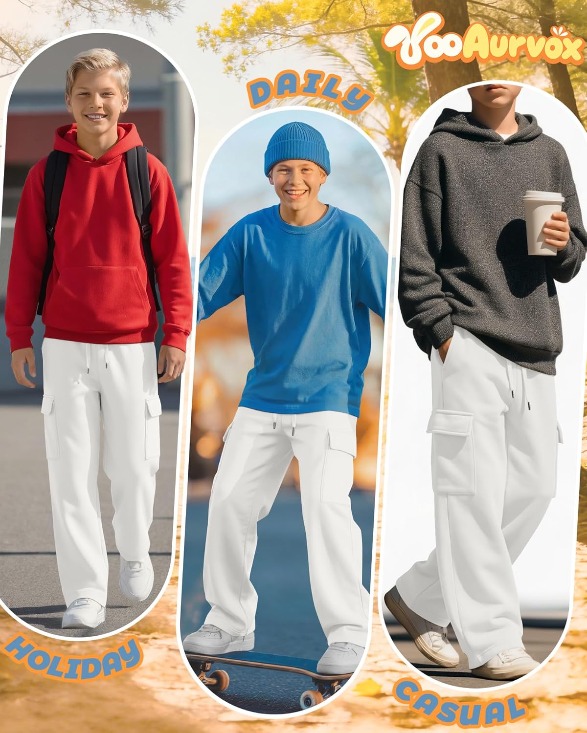 Boys' Cargo Sweatpants Baggy Wide Leg Elastic Waist Open Bottom Casual Pants Workout Active Joggers with 4 Pockets