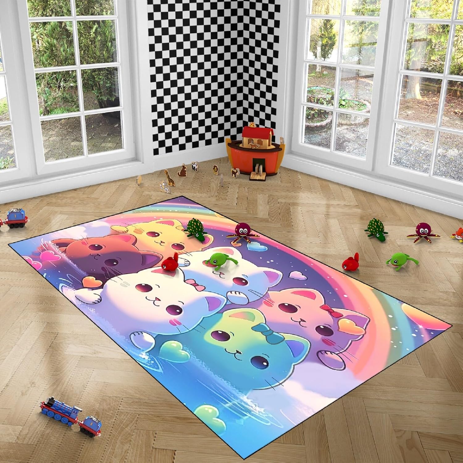Rainbow Cat Comforter Twin Size & 2.5x4 Feet Rainbow Cat Rug for Girls