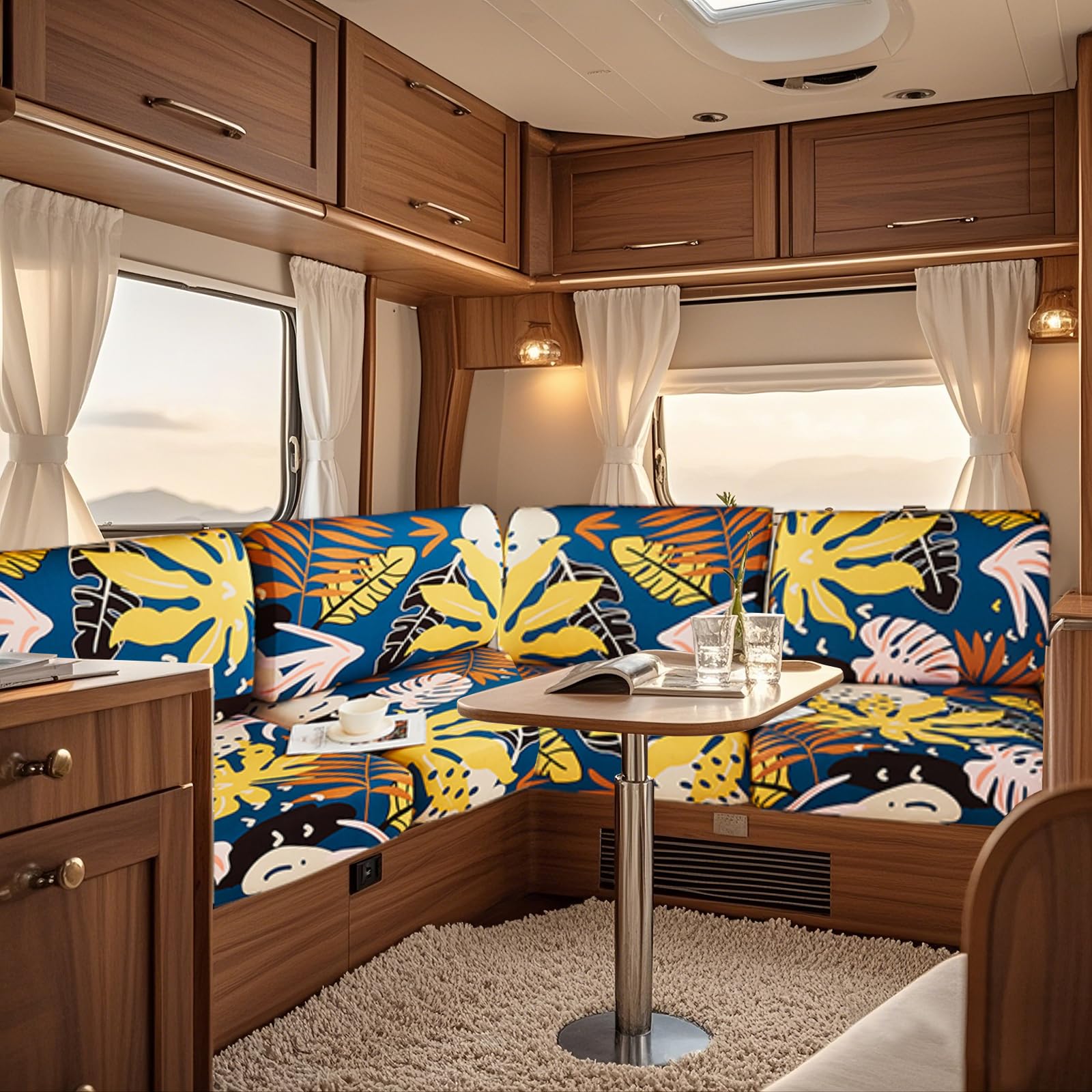 UNBBRRL Fit Stretch Caravan Seat Cover, Non Slip Elastic Fabric Printed Pattern RV Dinette Cushion Cover, Protector for Motorhome Sofa Bench with 4 Straps (yellow foliage,Dining Chair Set(2pcs))