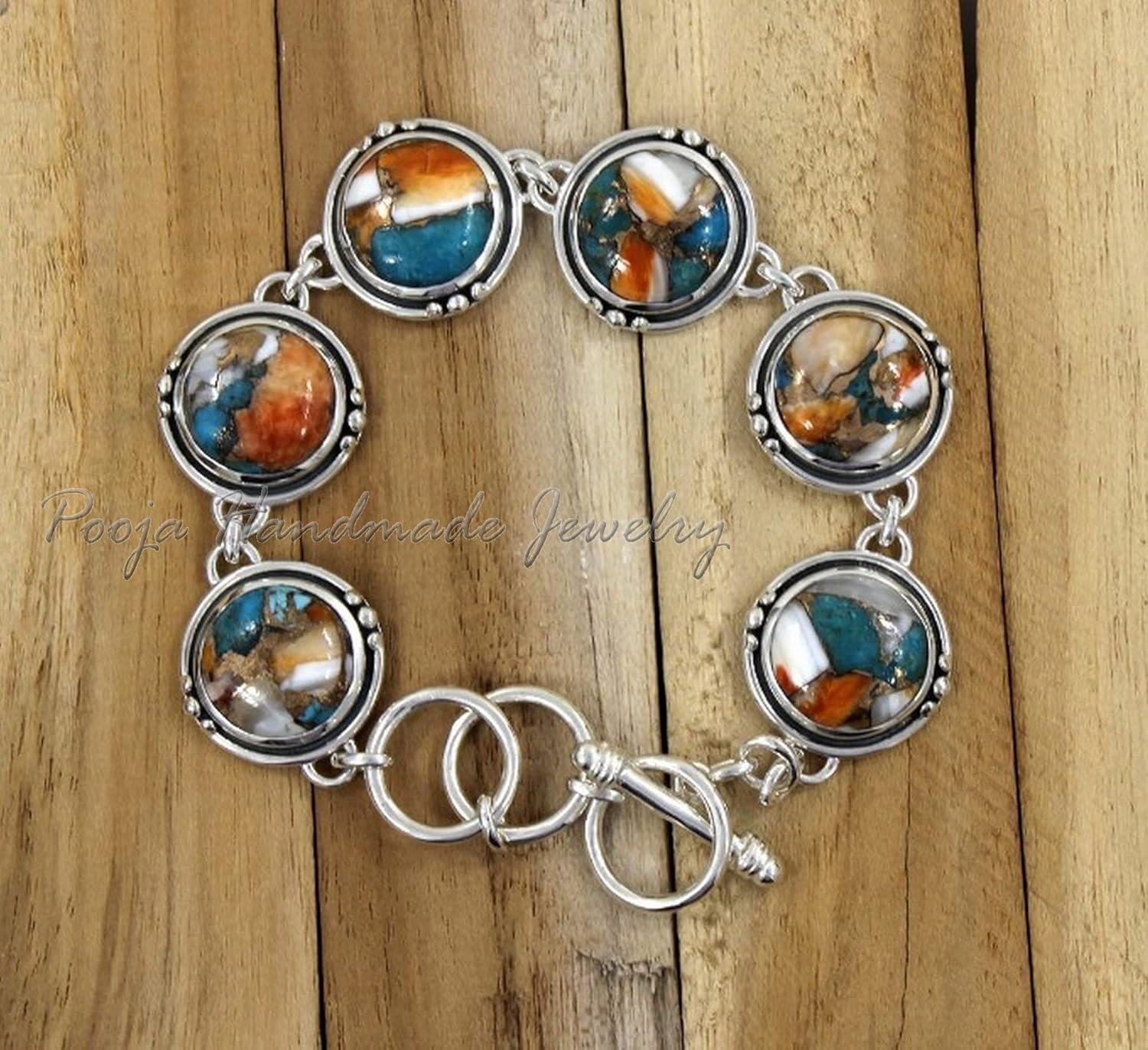 Turquoise Spiny Oyster Bracelet, Natural Oyster Copper Turquoise Gemstone Handmade Bracelet, 925 Sterling Silver Bracelet For Gift, Turquoise Link Bracelet, Engagement Gift, Silver Bracelet