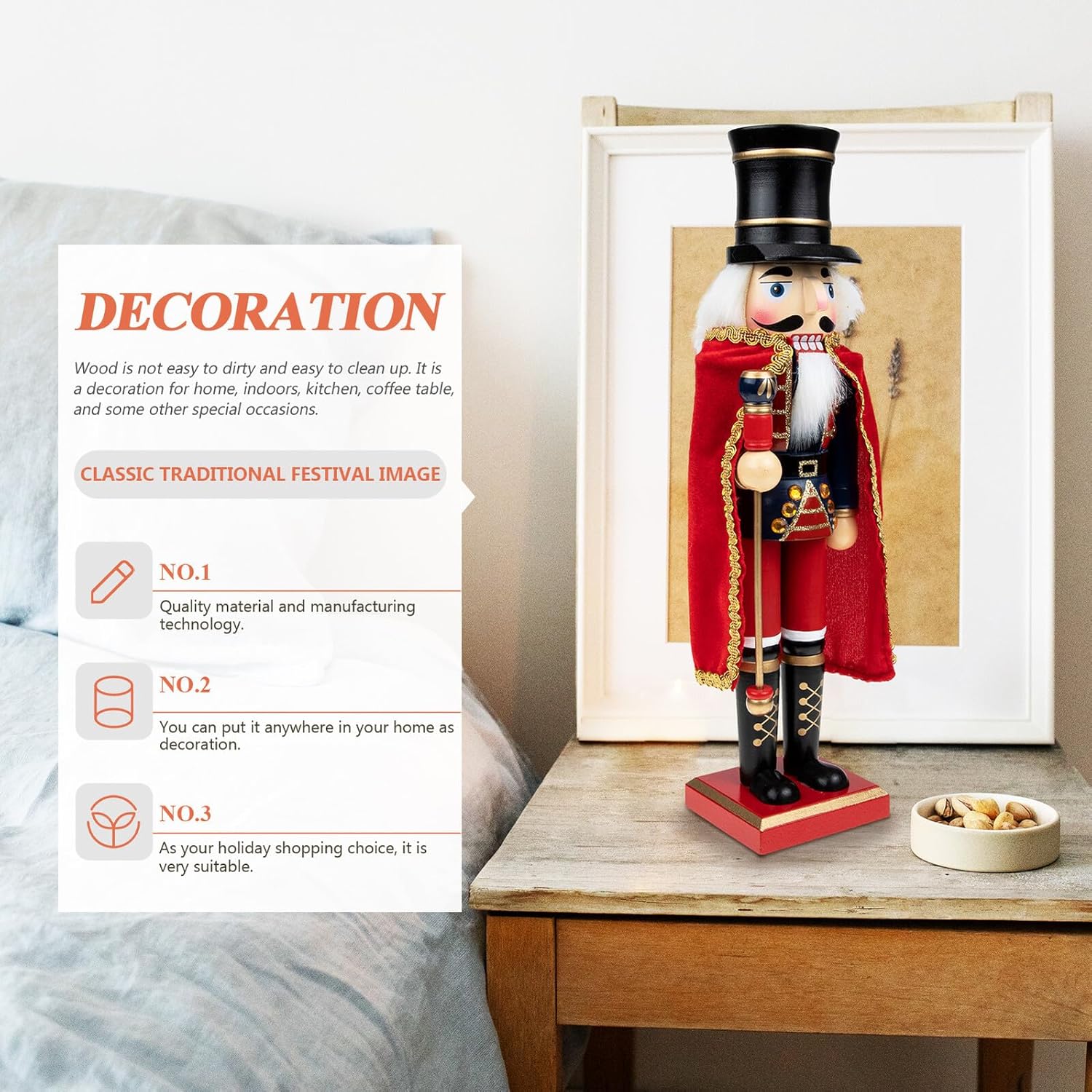 Wooden Nutcracker Figurine with Red Cape, 38cm Christmas Nutcracker Decoration for Garden and Living Room Holiday Ornament, Classic Soldier Xmas Desktop Decor