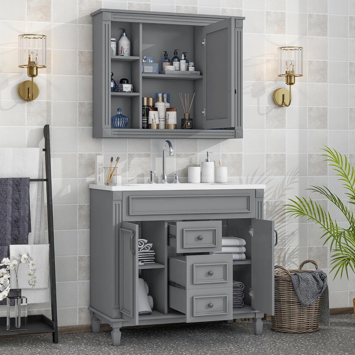 Linique 36'' Modern Bathroom Vanity with Royal Grey Mirror Cabinet, Soft Closing Doors and Drawers, Single Sink, Grey