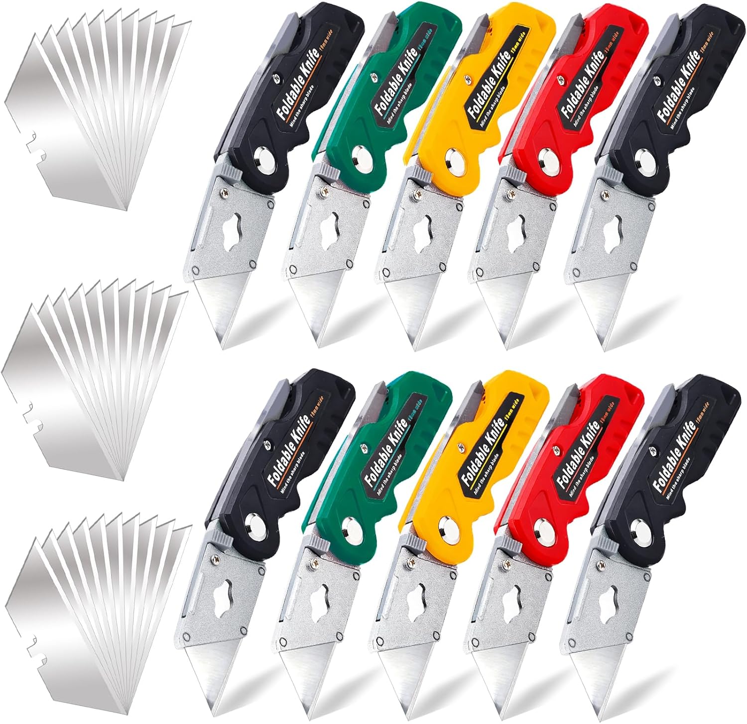 10 Pack Folding Utility Knife, Folding Box Cutter with 30 Extra Blades, Heavy Duty Utility Knife, Pocket Box Cutter for Cardboard, Boxes, Stainless Belt Clip, Quick Change Blades