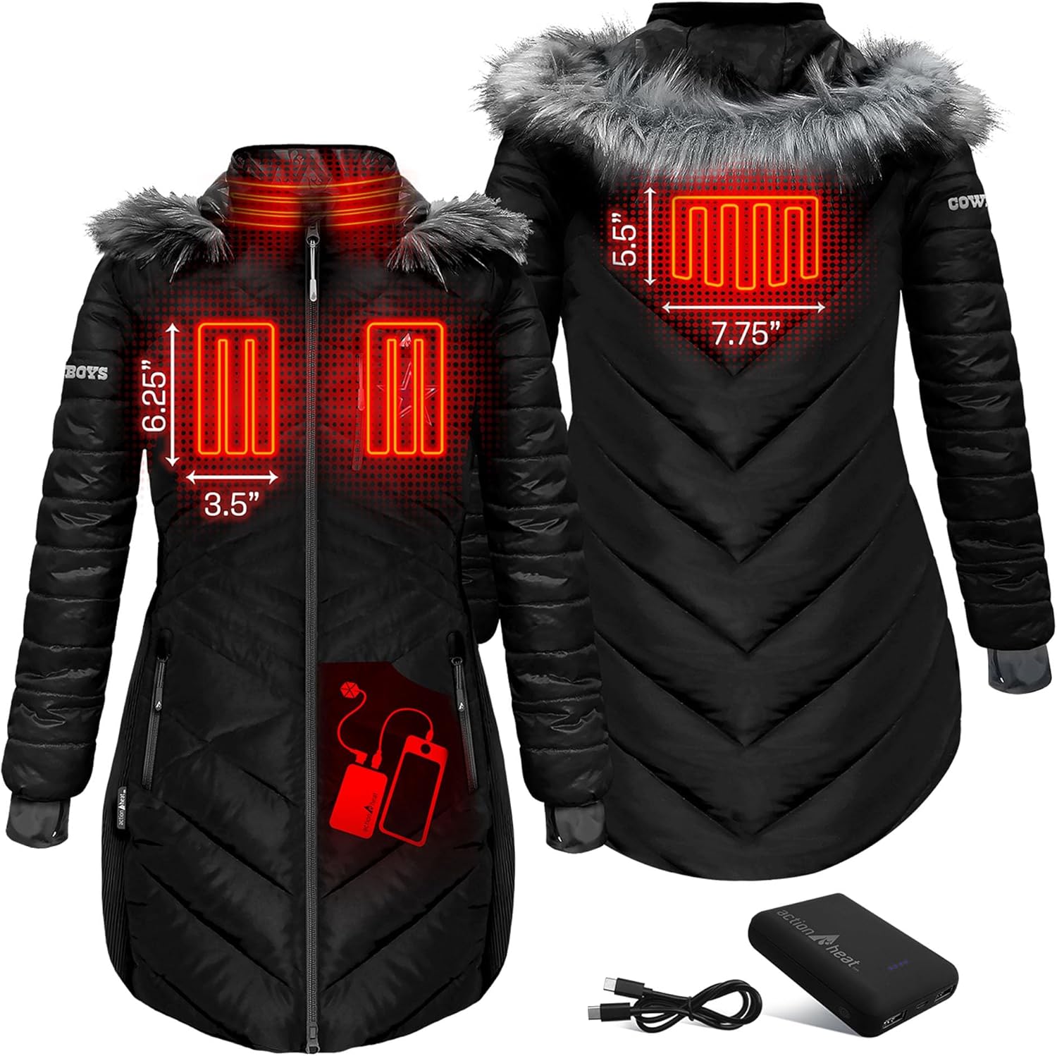 ActionHeat Women's NFL 5V Battery Heated Long Puffer Full-Zip Hoodie Jacket - Image 2