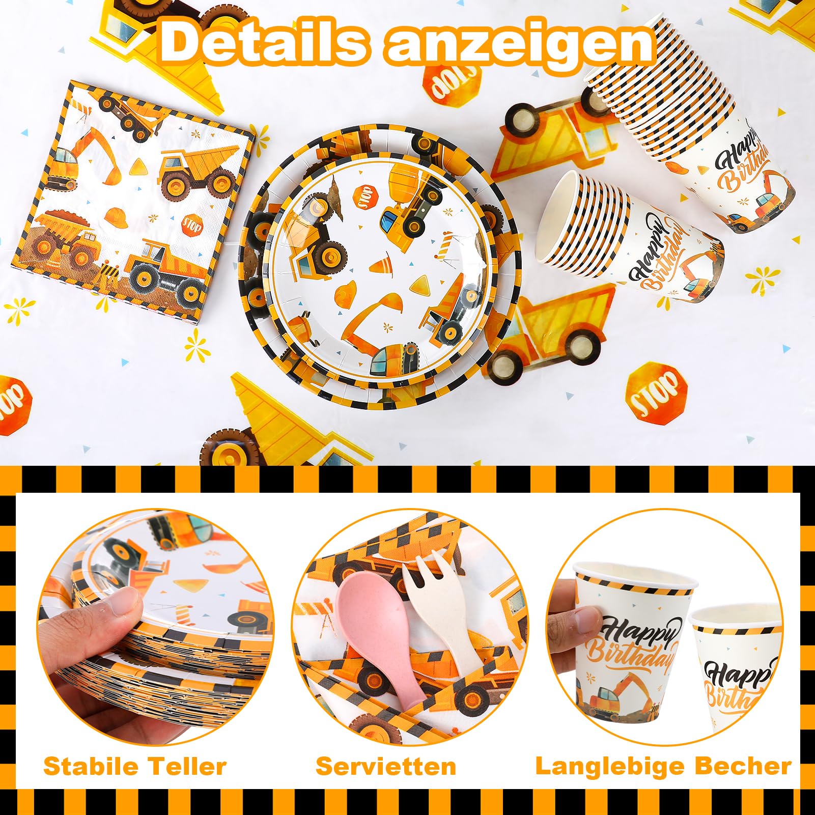97 stoviglie da cantiere per 24 ospiti, decorazione per il compleanno dei bambini, piatti di carta per escavatore, tovaglioli e tovaglie