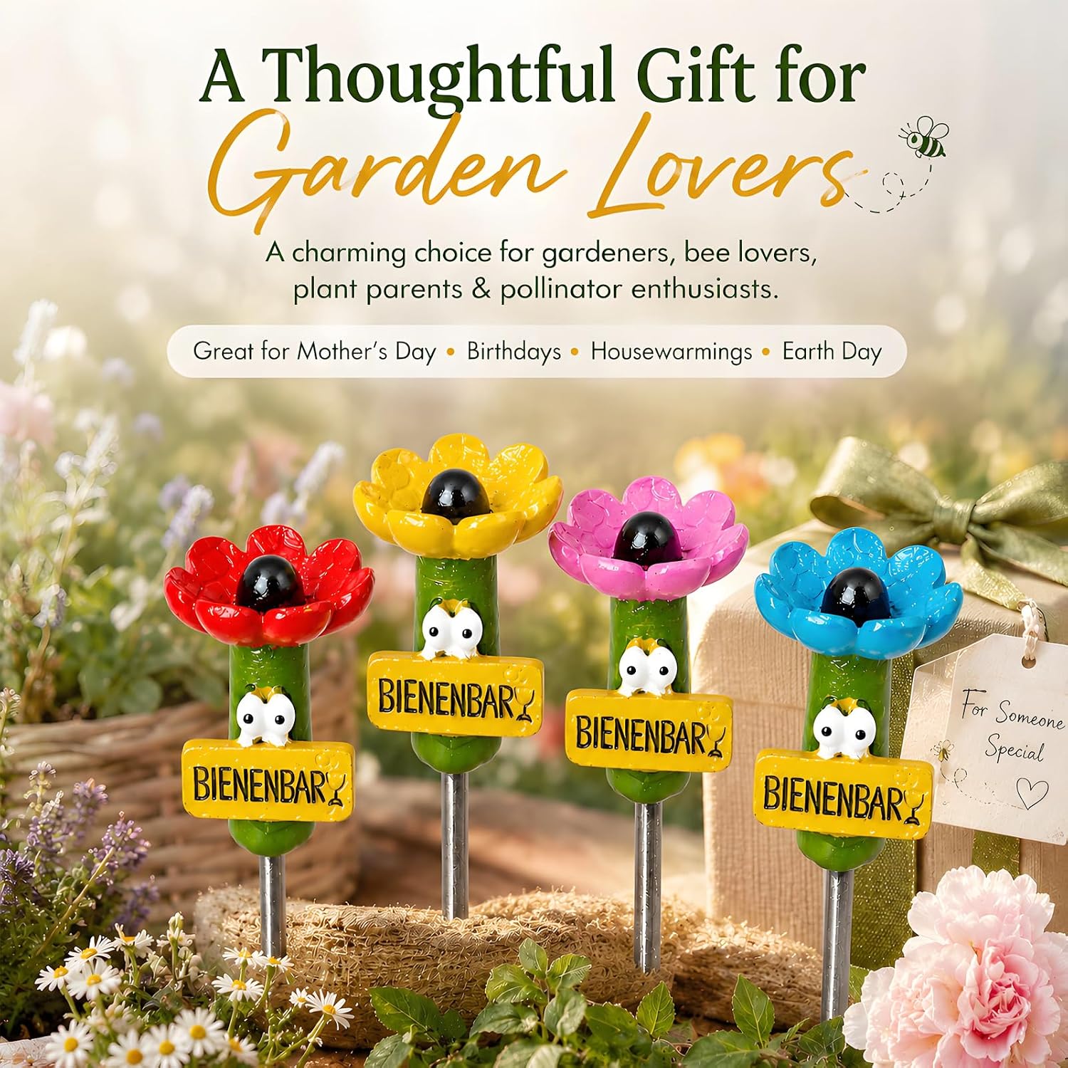 4-Pack Mini Bee Watering Station Stakes, Outdoor Resin Bee Feeder Set in Pink, Yellow, Blue&Red for Yard, Patio, Planter&Flower Bed Decor, Easy Assembly, Durable Garden Accessory for Bees&Butterflies