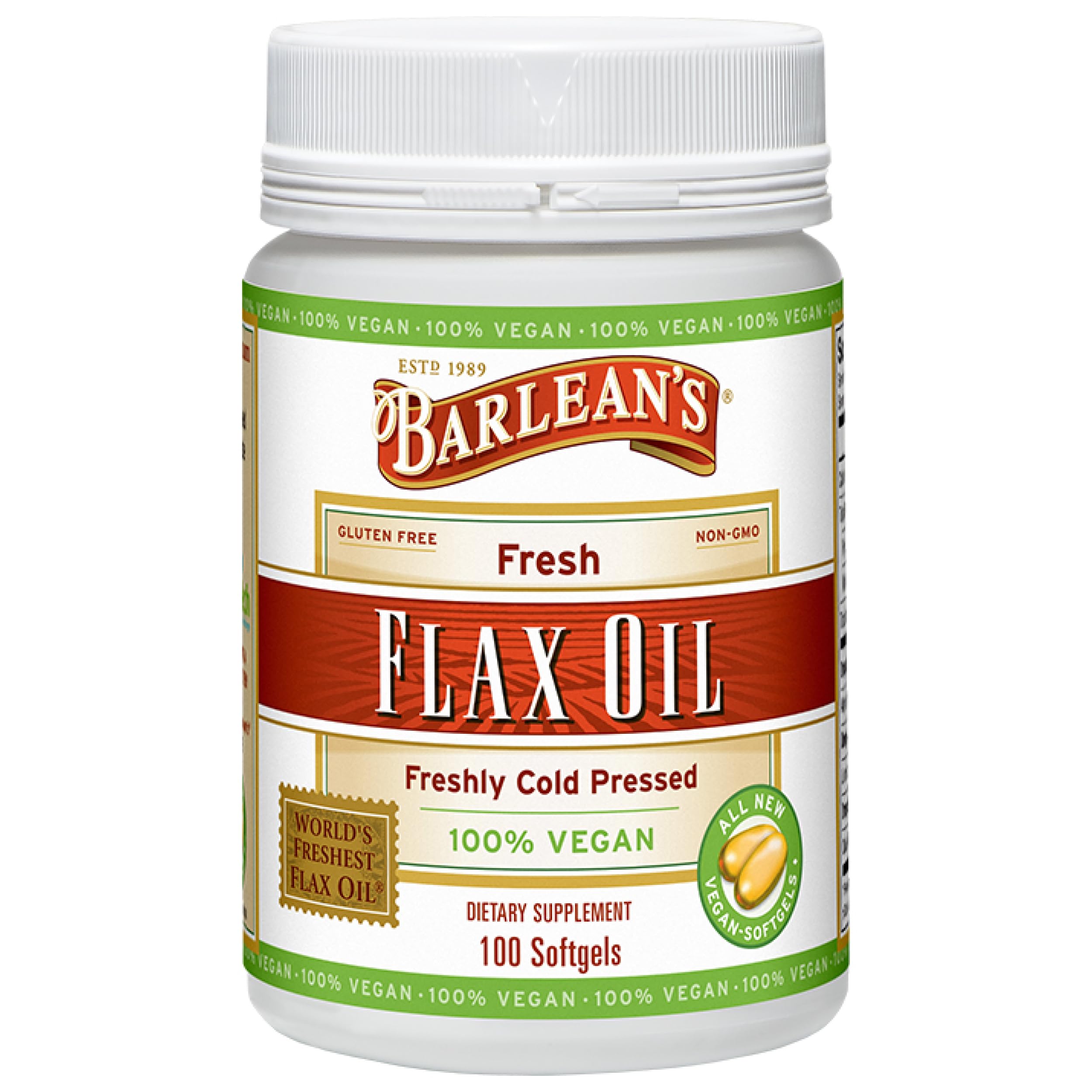 Barlean's Vegan Flaxseed Oil Softgels, Omega 3-6-9, 1650mg ALA, 100ct 100 Count (Pack of 1) Vegan