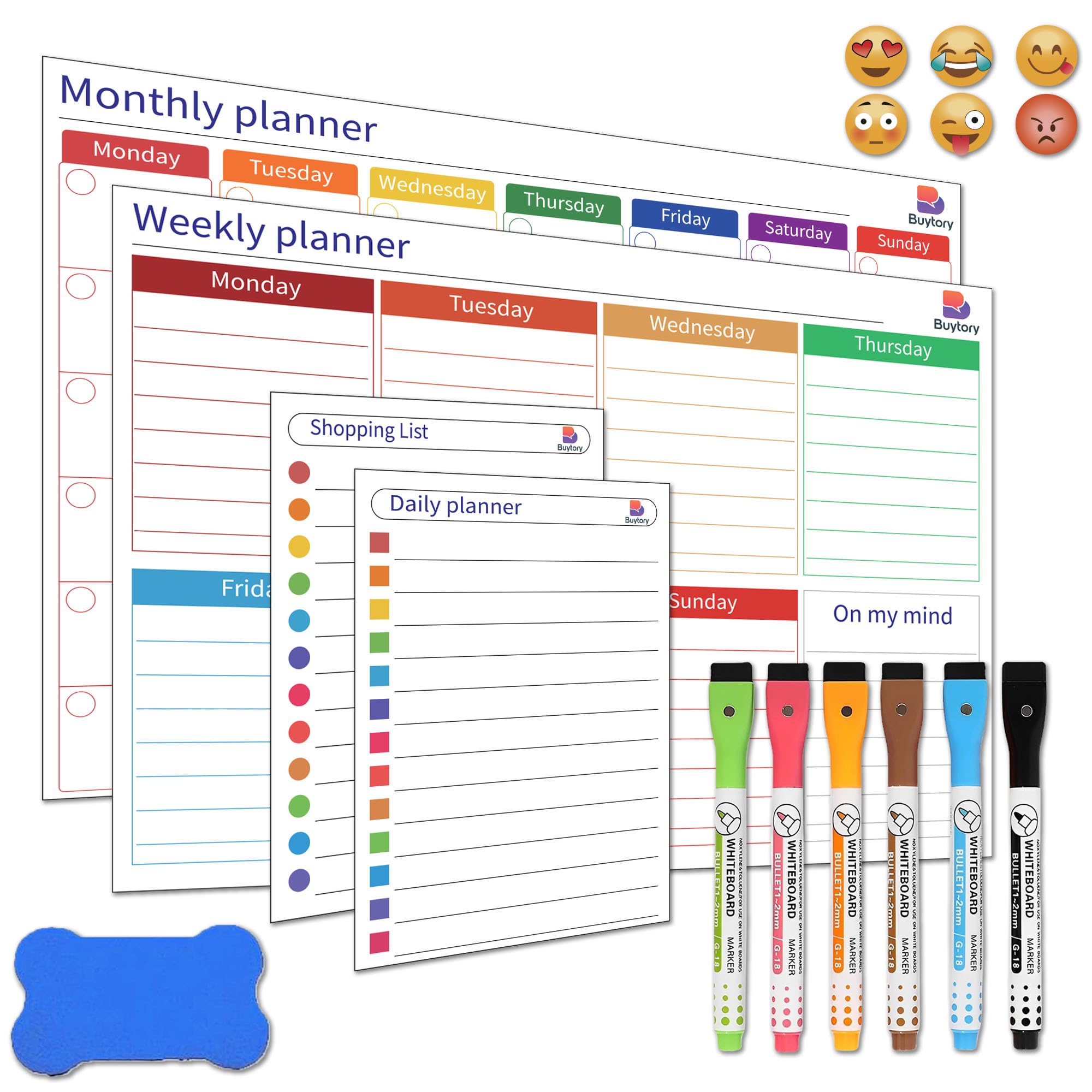 Magnetic Dry Erase Calendar Set for Fridge – Monthly, Weekly, Daily Planner & Shopping List – Includes 6 Fine Tip Markers, 6 Magnetic Buckles & Eraser – Meal Planner & Organizer for Home & Office