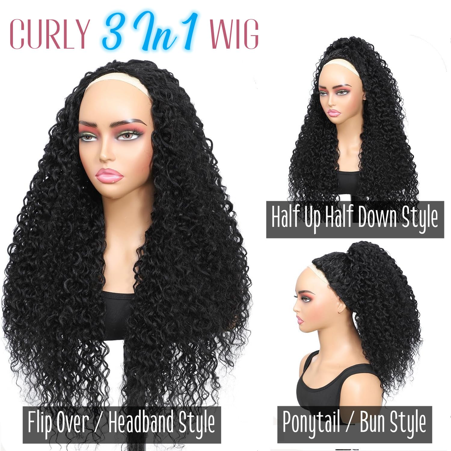 Half Wig Human Hair Curly Wig Human Hair 3/4 head Wigs For Women 180% Density Natural Black 14 Inch Easy to install - Image 2