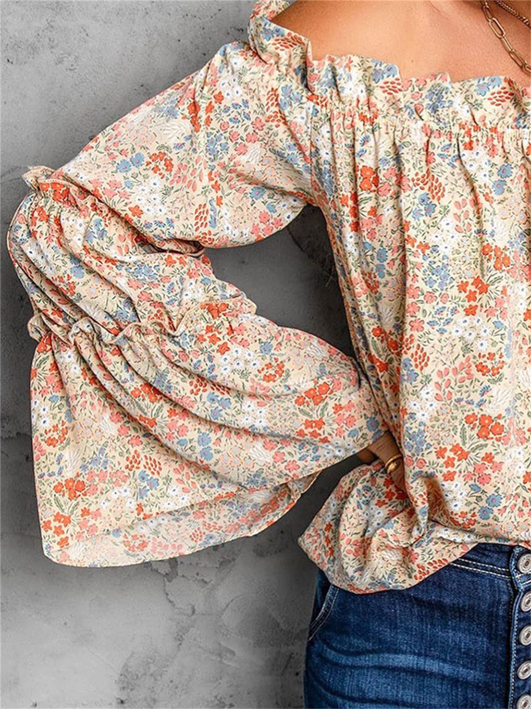 Camicetta in Chiffon con Maniche a Lanterna con Spalle Scoperte da Donna Top a Maniche Lunghe a Campana con Stampa Floreale Oversize