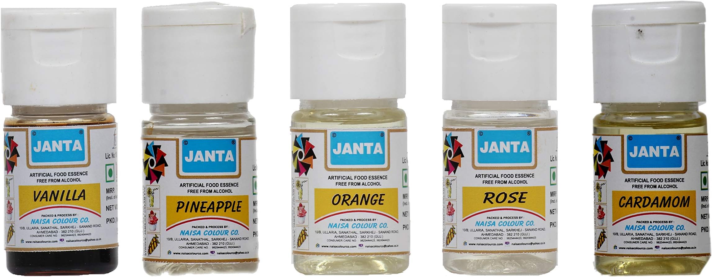 JANTA Combo Pack Of Essence Artificial Food Flavour Of Vanilla, Pineapple, Orange, Rose, Cardamom For Dairy Products, Snack Foods, Ice Cream, Soups, Jams, Pickles, Sweets (20 Ml - 2 Bottles For Each Flavour) | Flavouring Essence
