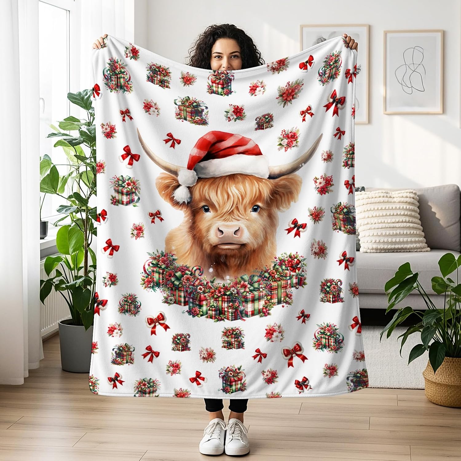 Custom Highland Cow Blanket 50" x 60", Cute Christmas Cows Blankets for Teens Adults, Soft Cozy Lightweight Flannel Throw for Lap Chair Sofa