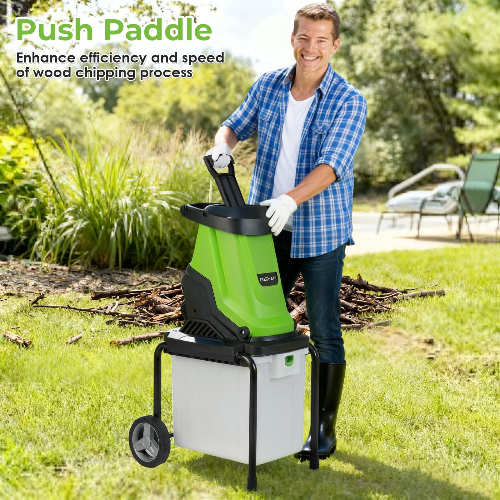 FANTASK Trituradora eléctrica de jardín, 2800 W-56 x 44 x 94 cm, trituradora de jardín con ruedas, caja de captura de 50 l, grosor de corte 45 mm, con cable, trituradora eléctrica de rodillos para
