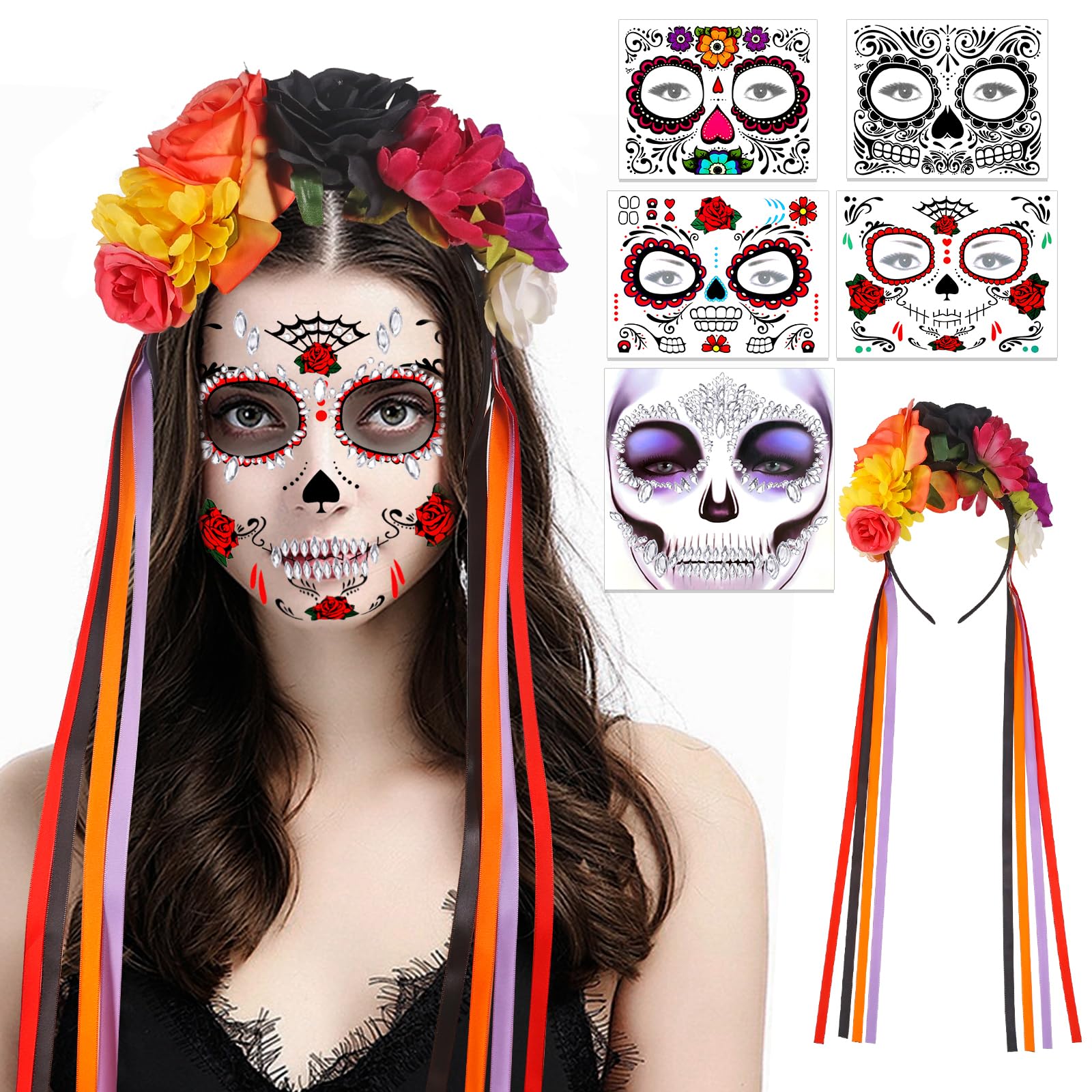 HOWAF Day Of The Dead Headband Flower Crown Mexican Headband, Halloween Face Tattoos Day Of The Dead Face Tattoo Stickers for Dia De Los Muertos Costume, Halloween Costume Women, G โ image 1
